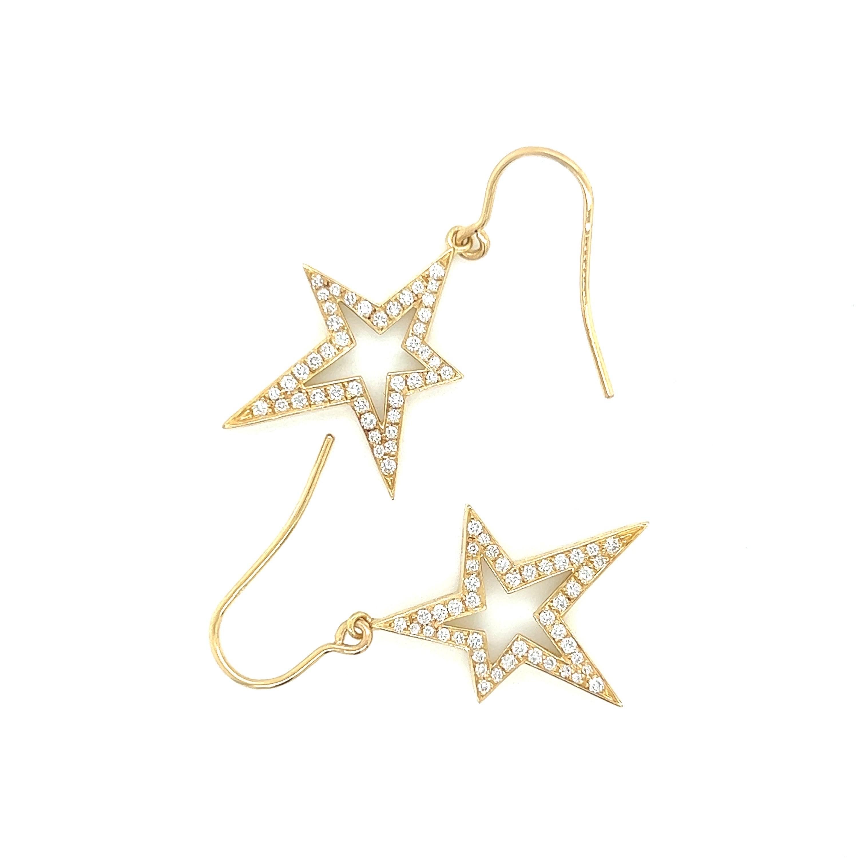 Round Cut Star Dangle Earrings Diamonds Yellow Gold For Sale