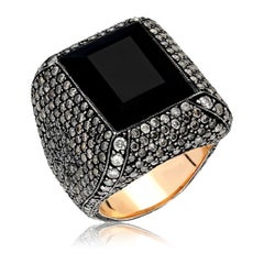 8k Gold and Silver Cocktail Ring with Black Brilliant Cut Diamonds and Quartz