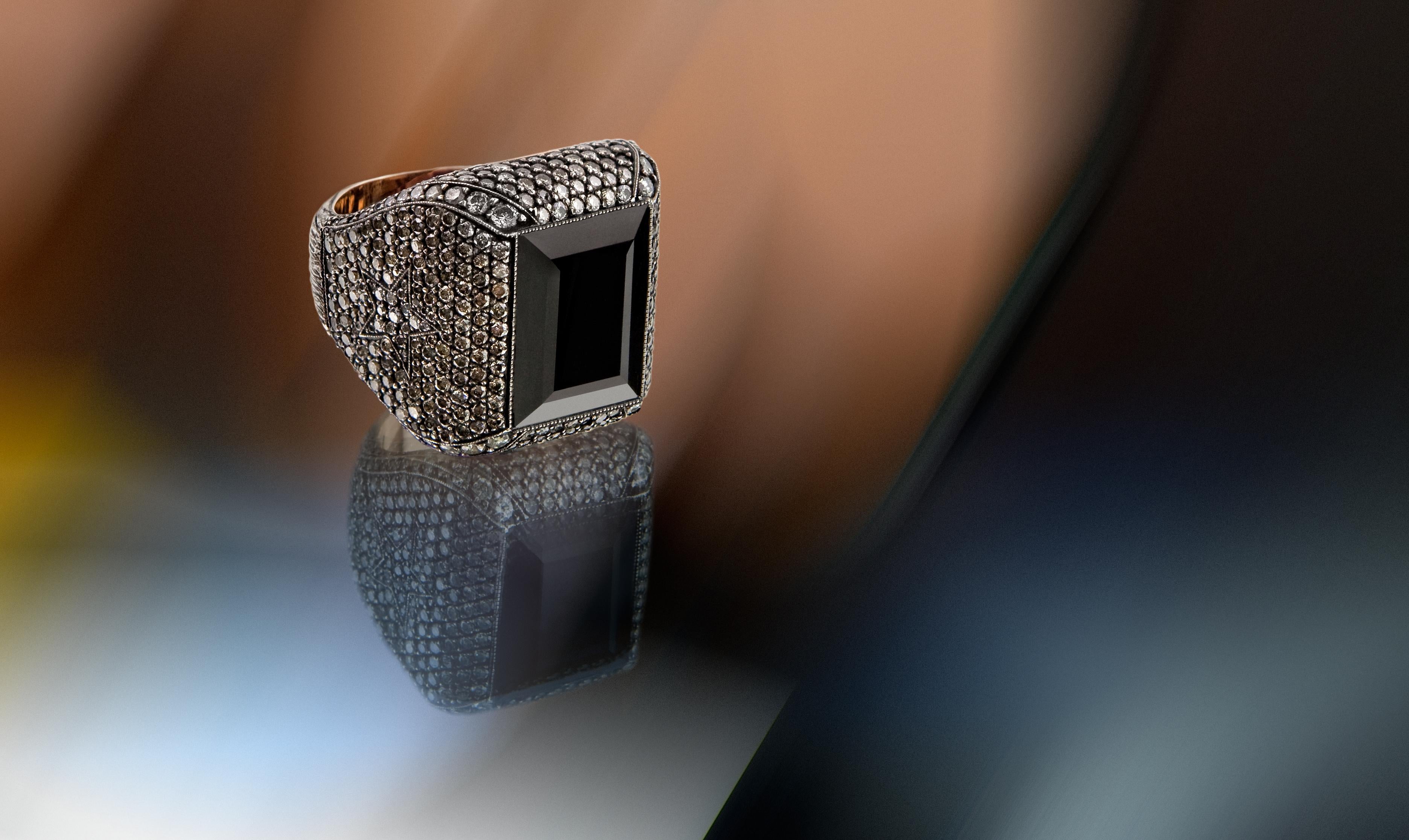 Women's or Men's 8k Gold and Silver Cocktail Ring with Black Brilliant Cut Diamonds and Quartz For Sale