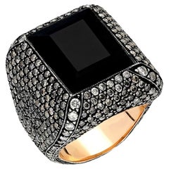 Bague cocktail en or et argent 8 carats avec diamants noirs taille brillant et quartz