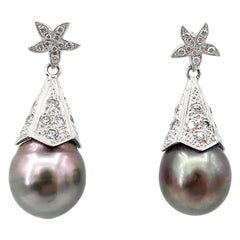 Star Diamond 18 Karat Gold Earrings with Tahitian Pearl Drops
