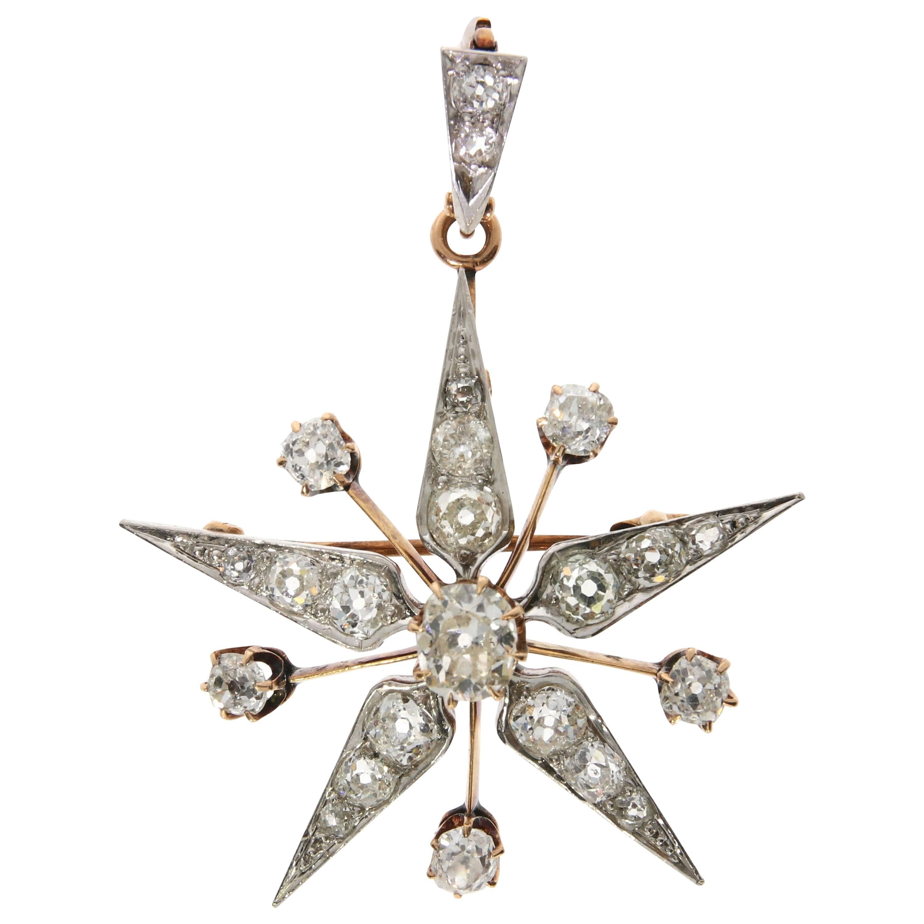 Star Diamond and Yellow Gold Pendant, Late 20th Century For Sale