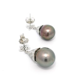 Star Diamond Earrings in 18K White Gold with Tahitian Pearl Drops