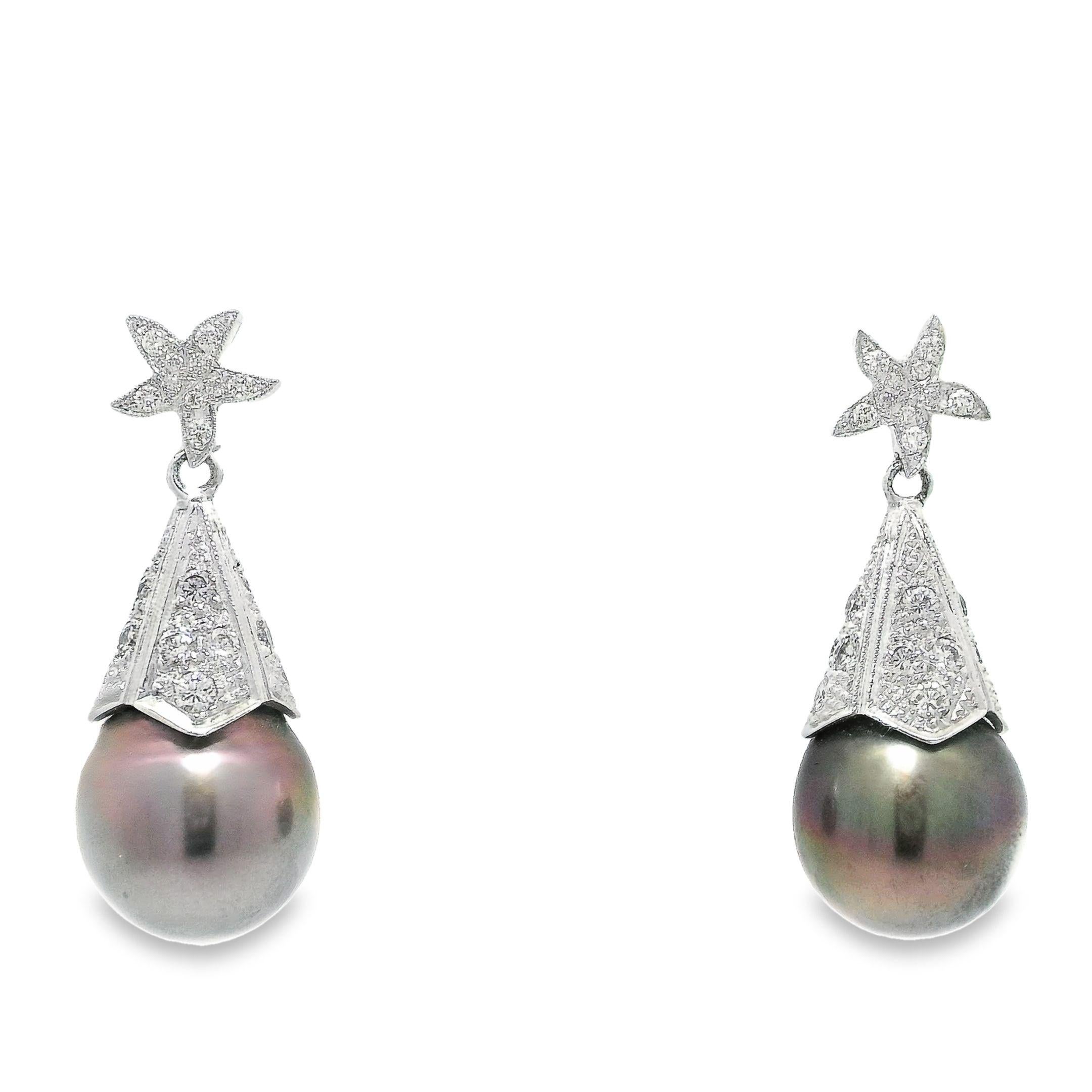 Contemporary Star Diamond Earrings in 18K White Gold with Tahitian Pearl Drops For Sale