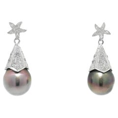 Star Diamond Earrings in 18K White Gold with Tahitian Pearl Drops