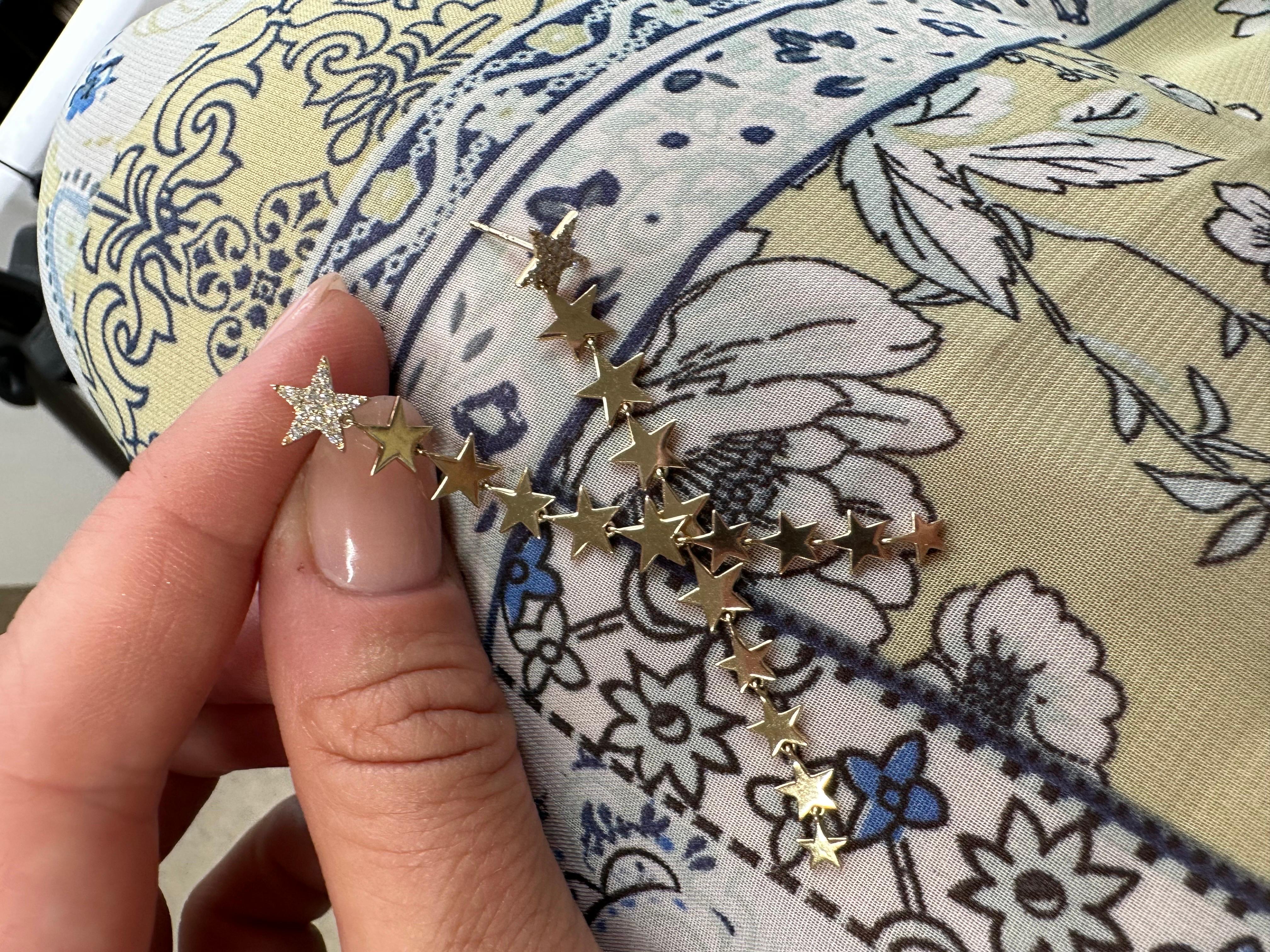 Star Diamond Earrings Super Long 14 Karat Yellow Gold Dangling Earrings In New Condition For Sale In Jupiter, FL