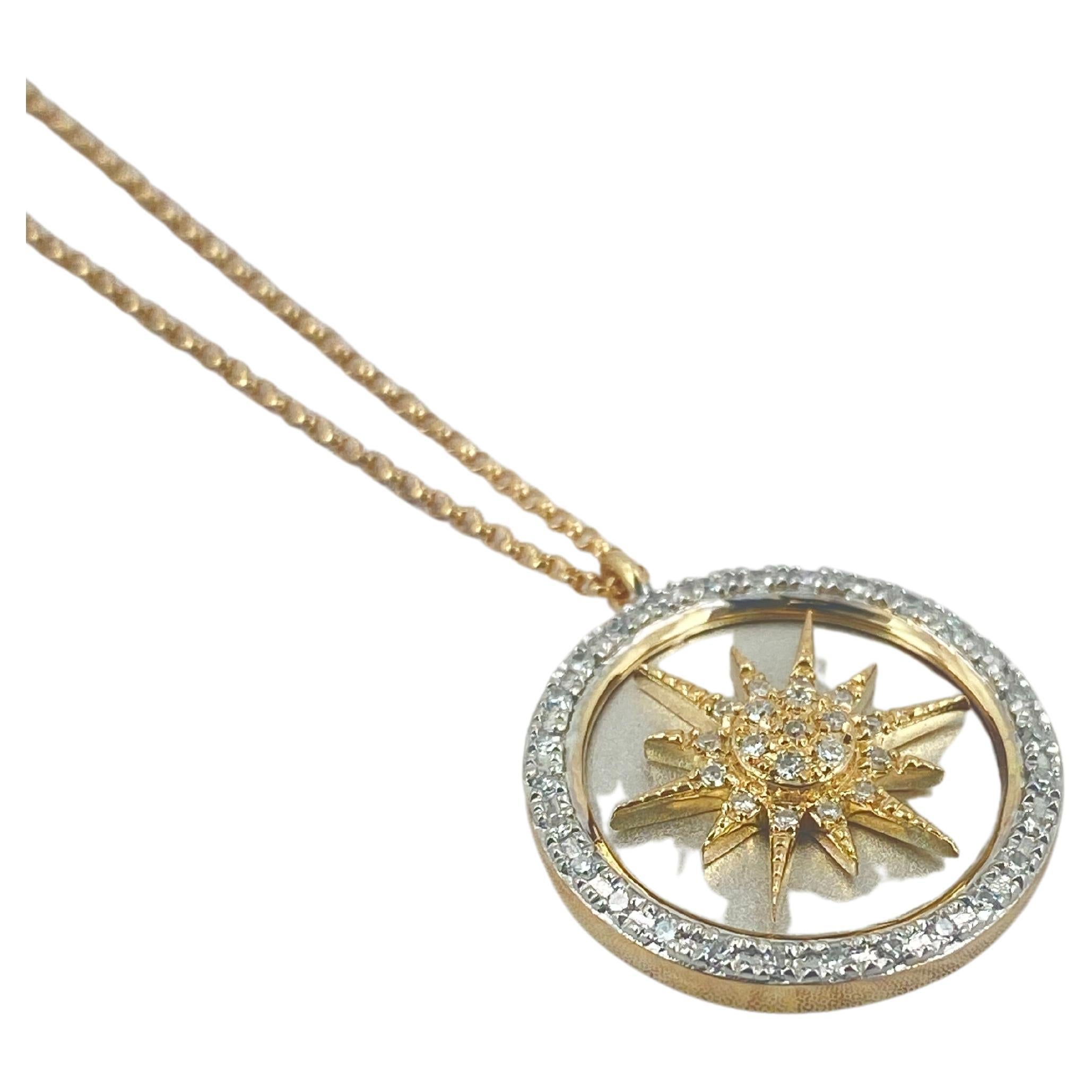 Star Diamond Gold Necklace with Spinning Center, 14k Solid Gold Natural Diamonds For Sale