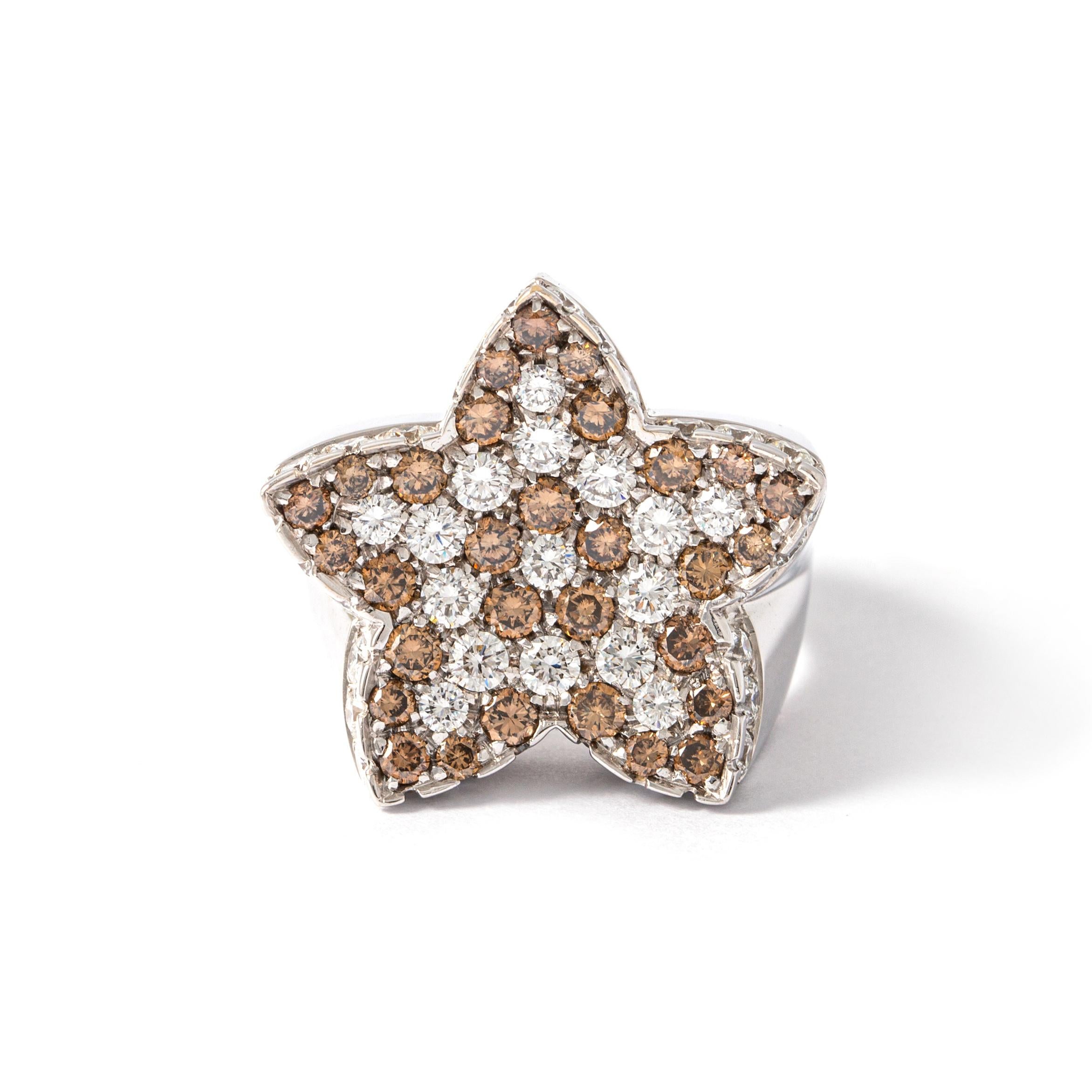 Star ring in 18kt white gold set with 46 diamonds 1.88 cts and 30 brown diamonds 1.28 cts Size 56

Total weight: 18,61 grams.
