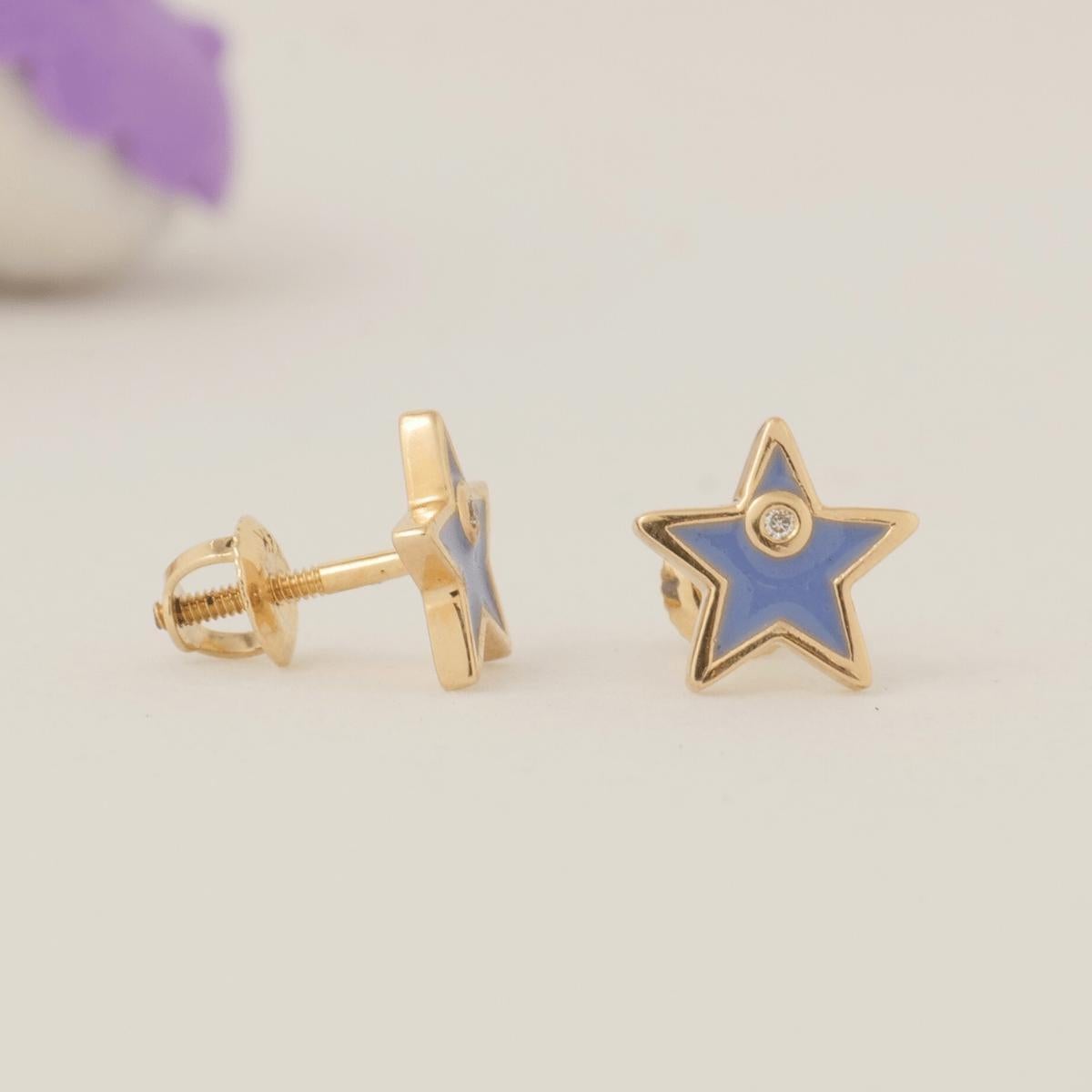 Art Deco Star Diamond Kids Earrings in 14k Solid Gold (Certified) For Sale