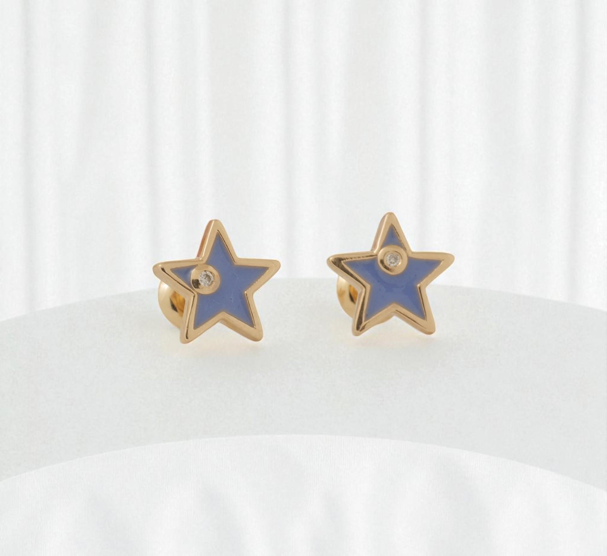 Art Deco Star Diamond Kids Earrings in 14k Solid Gold (Certified) For Sale