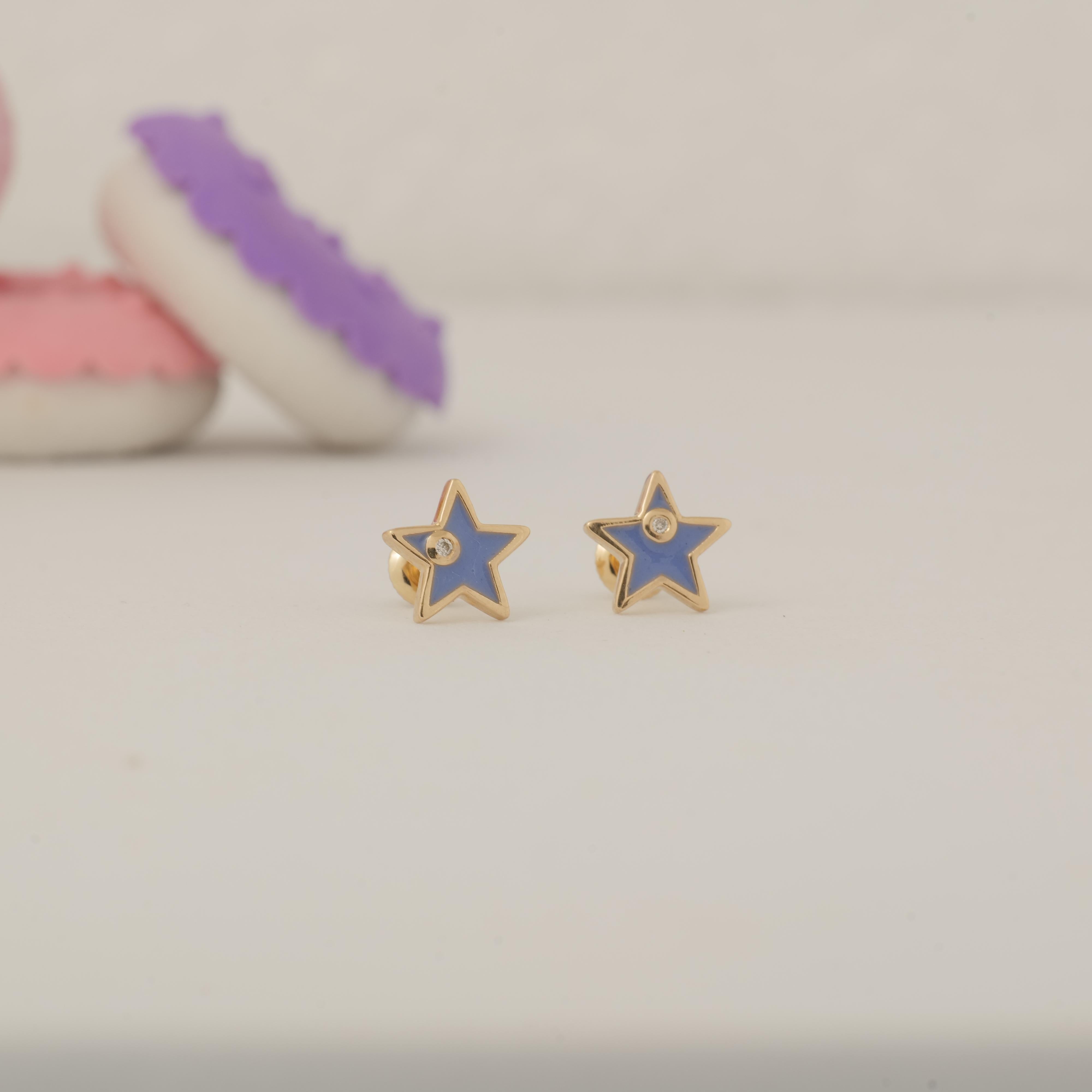 Round Cut Star Diamond Kids Earrings in 14k Solid Gold (Certified) For Sale