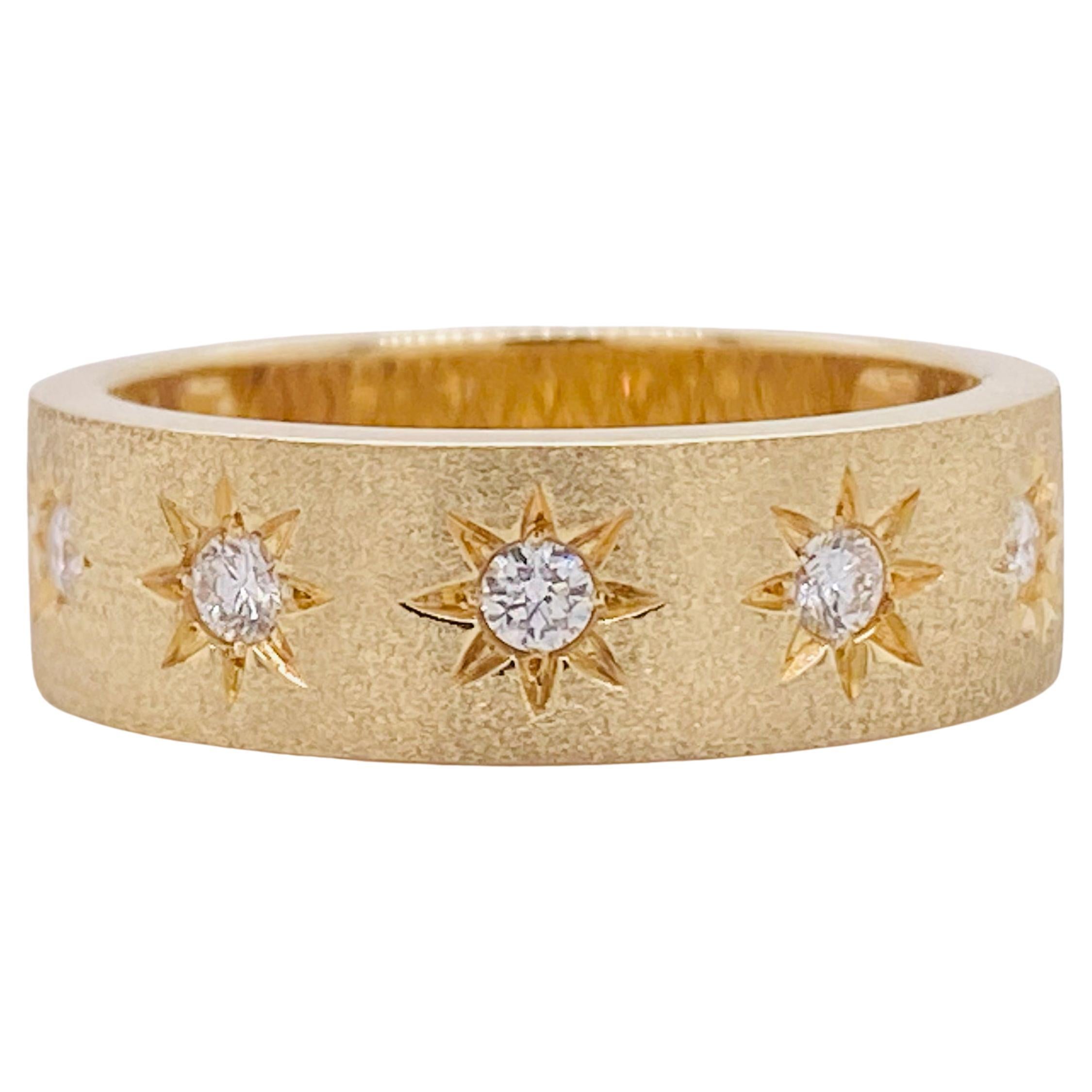 Star Diamond Ring, Brushed Yellow Gold, Flush Set w 19 Diamonds, Any Size For Sale
