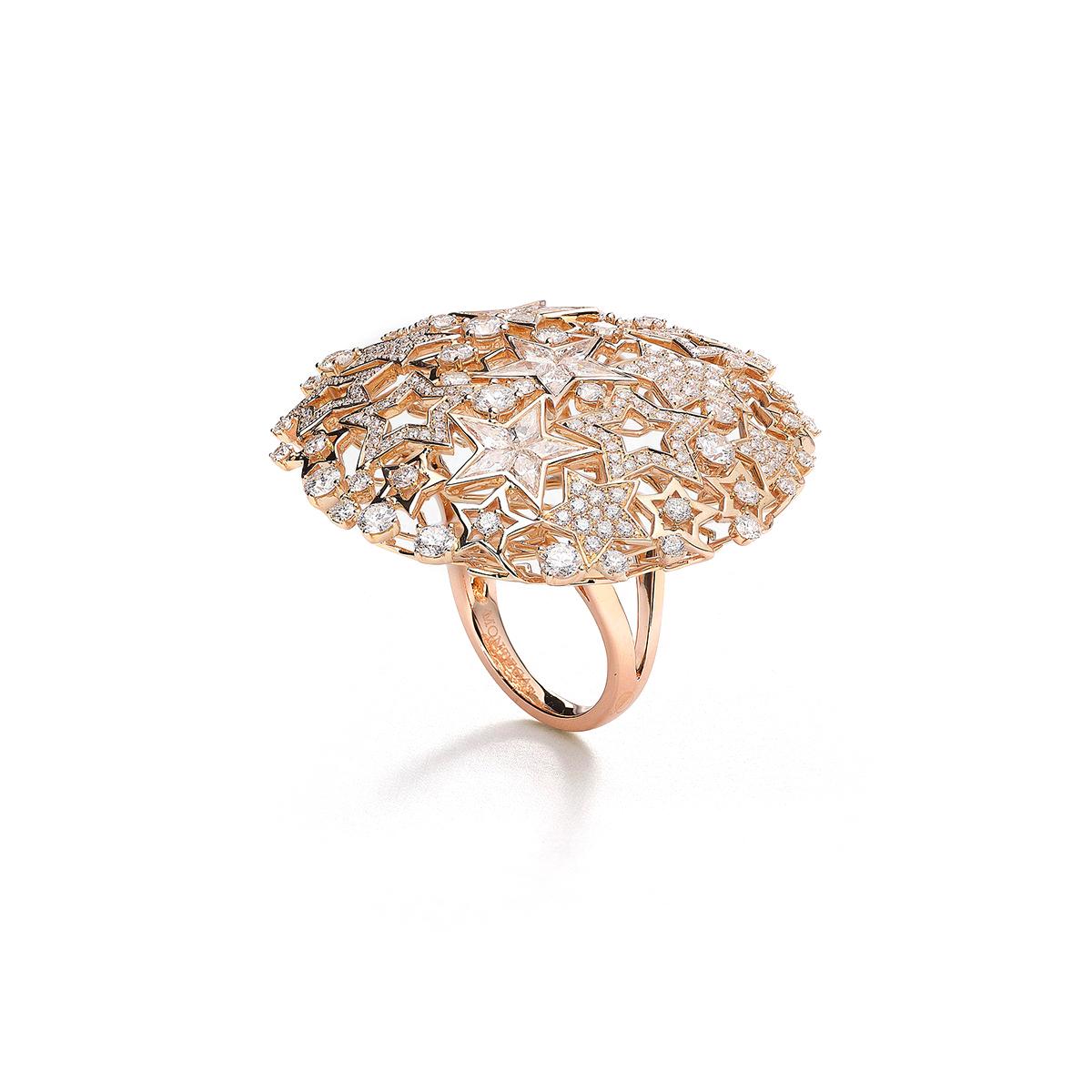 Star ring in 18kt pink gold set with  212 diamonds 3.69 cts and 25 stars diamonds  2.08 cts Size 53       