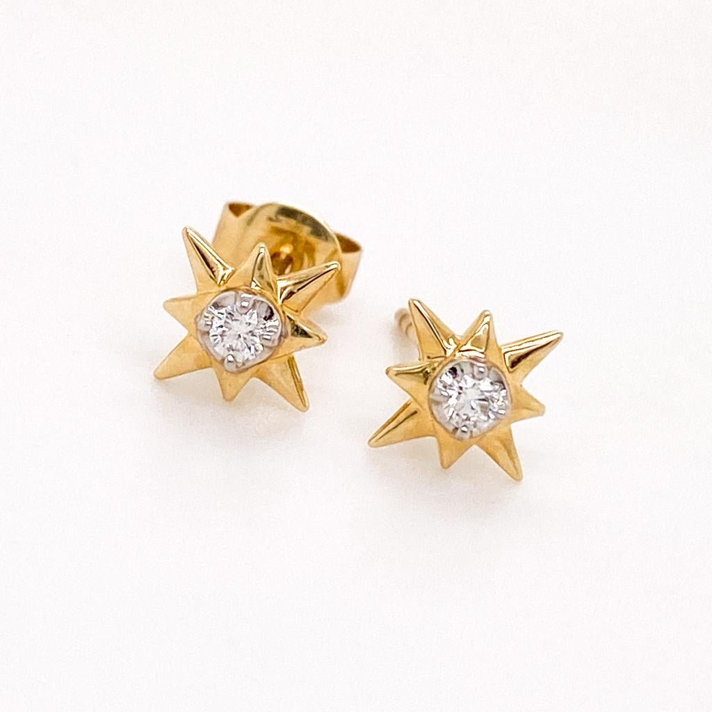 Round Cut Star Diamond Stud 0.08 Carats Starburst 14K Gold Earring Stack EG14081 For Sale