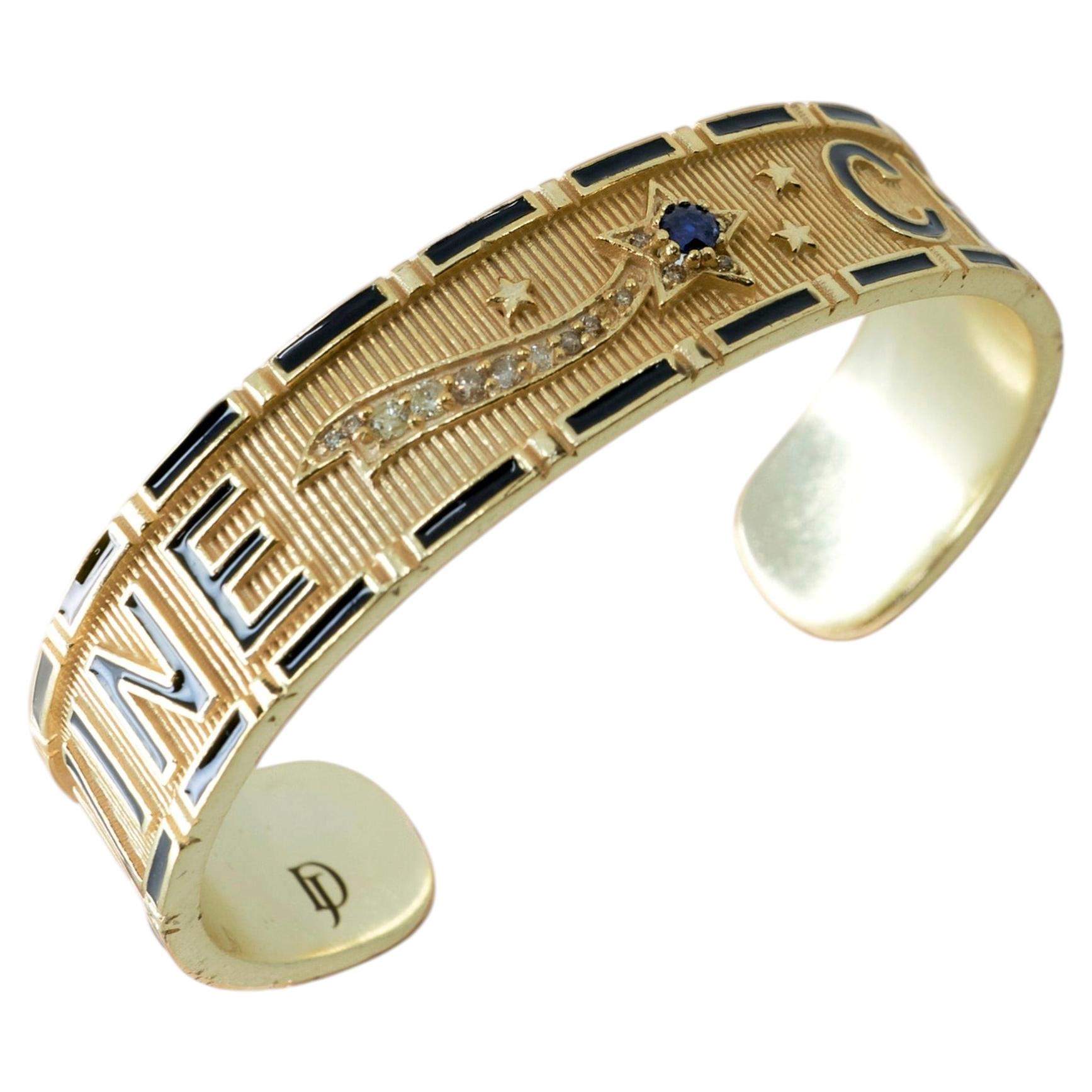 Brazalete de zafiro azul con esmalte negro, estrella de diamantes y «Divine Child», chapado en oro en venta