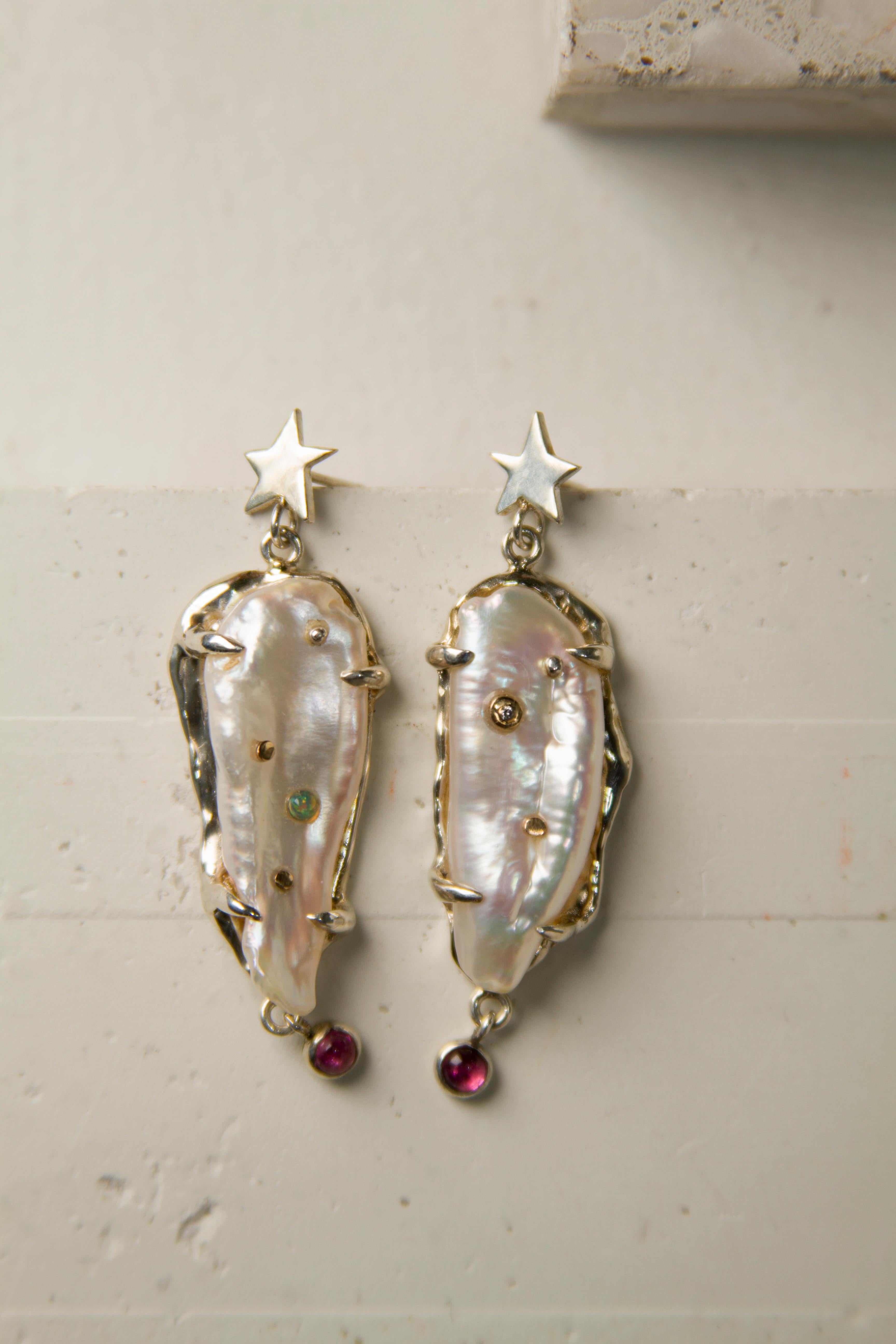 Round Cut Sanct Desiderata Star Dust Earrings with Diamond, Opal, Biwa Pearls, Tourmaline For Sale