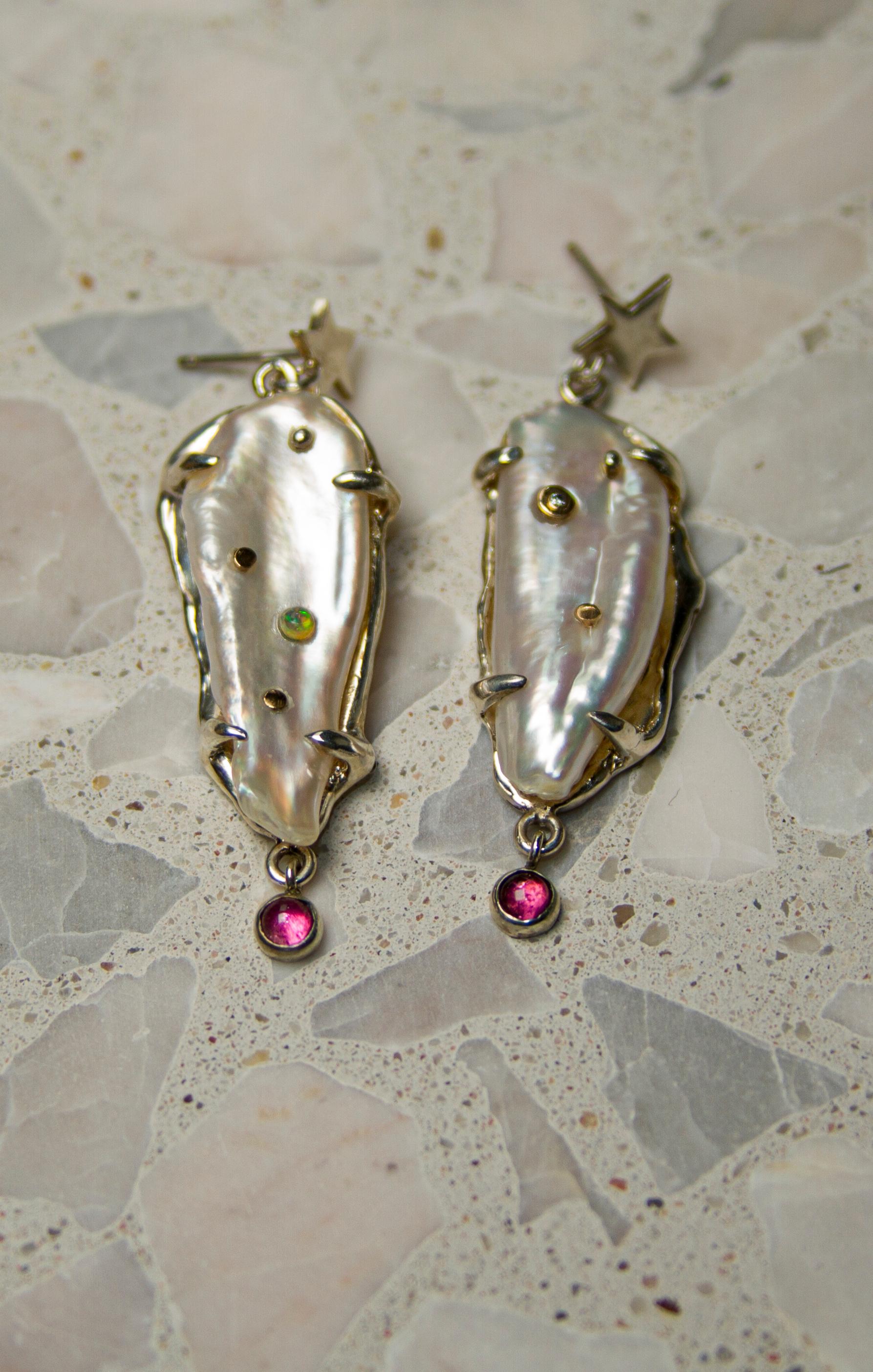 Women's Sanct Desiderata Star Dust Earrings with Diamond, Opal, Biwa Pearls, Tourmaline For Sale