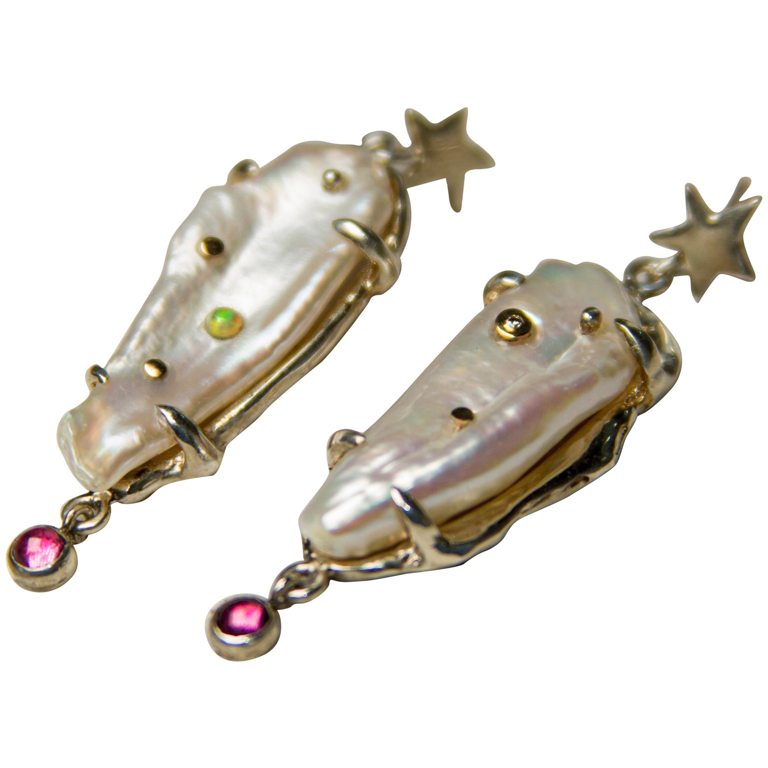 Sanct Desiderata Star Dust Earrings with Diamond, Opal, Biwa Pearls, Tourmaline For Sale