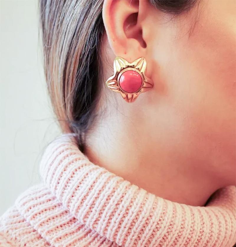 Beautiful Red Coral Stone Studs Gold Plated Jadau Earrings ER3785