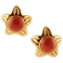 Vintage Star Earrings, 18 Karat Yellow Gold and Coral