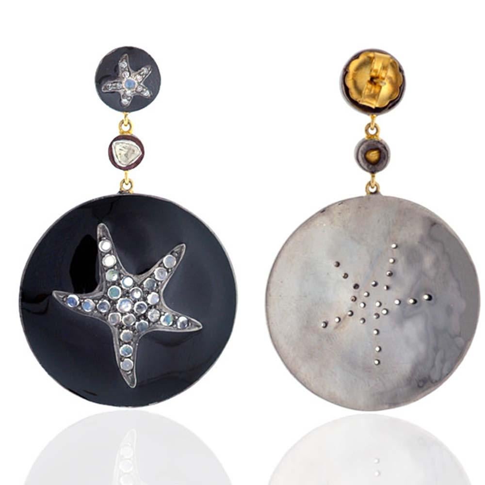 Modern Star Fish Black Enamel Earring with Diamonds and Moonstone in Gold and Silver For Sale