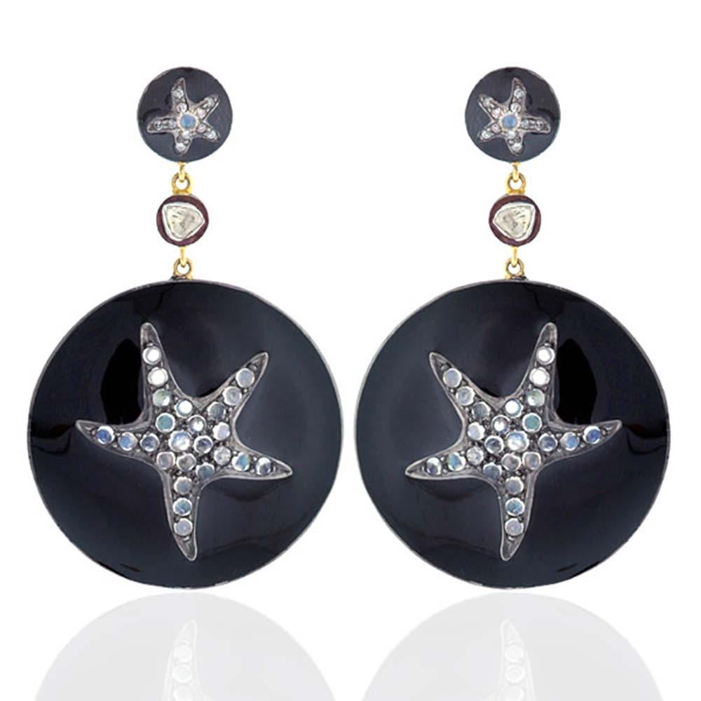Round Cut Star Fish Black Enamel Earring with Diamonds and Moonstone in Gold and Silver For Sale
