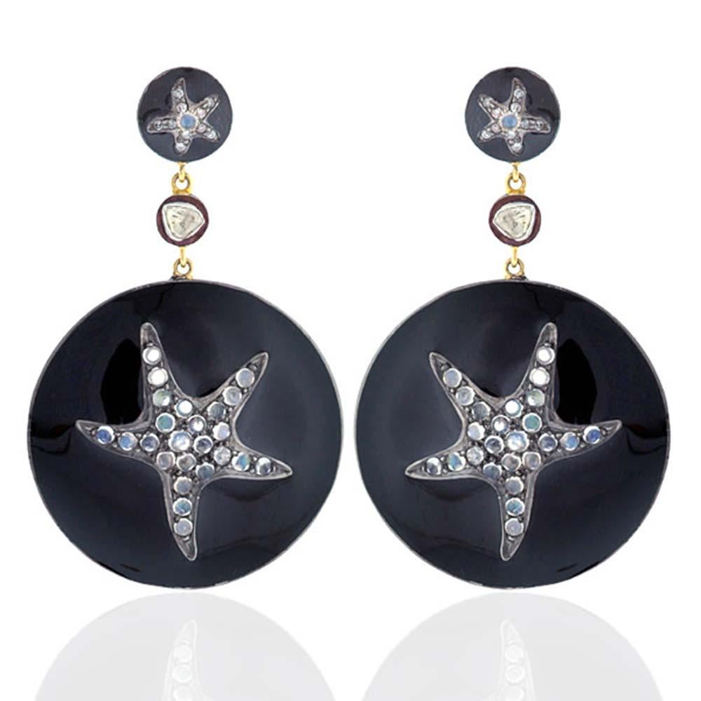 Star Fish Black Enamel Earring with Diamonds and Moonstone in Gold and Silver In New Condition For Sale In New York, NY