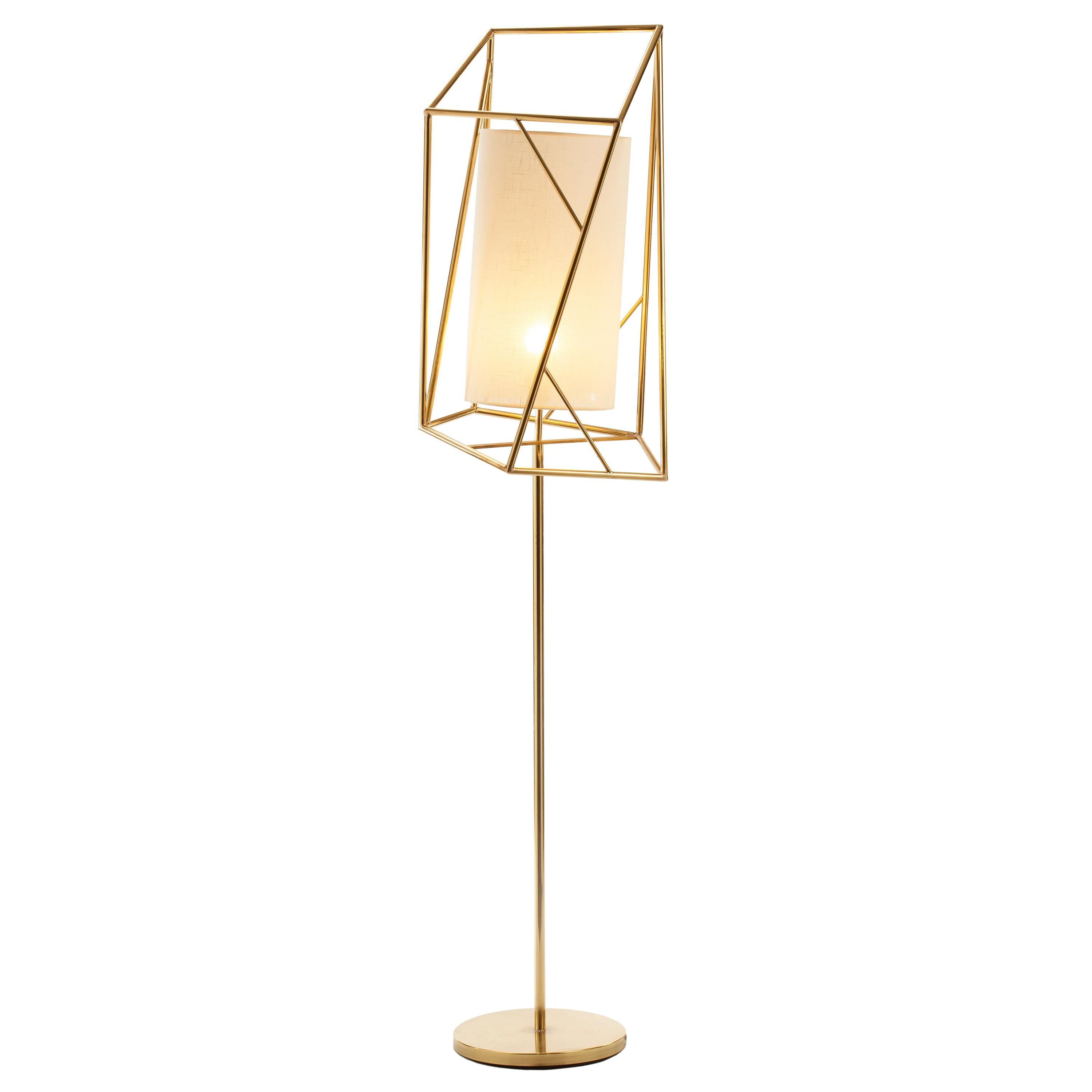 Art Deco Inspired Star Floor Lamp Polished Brass and Linen Shade