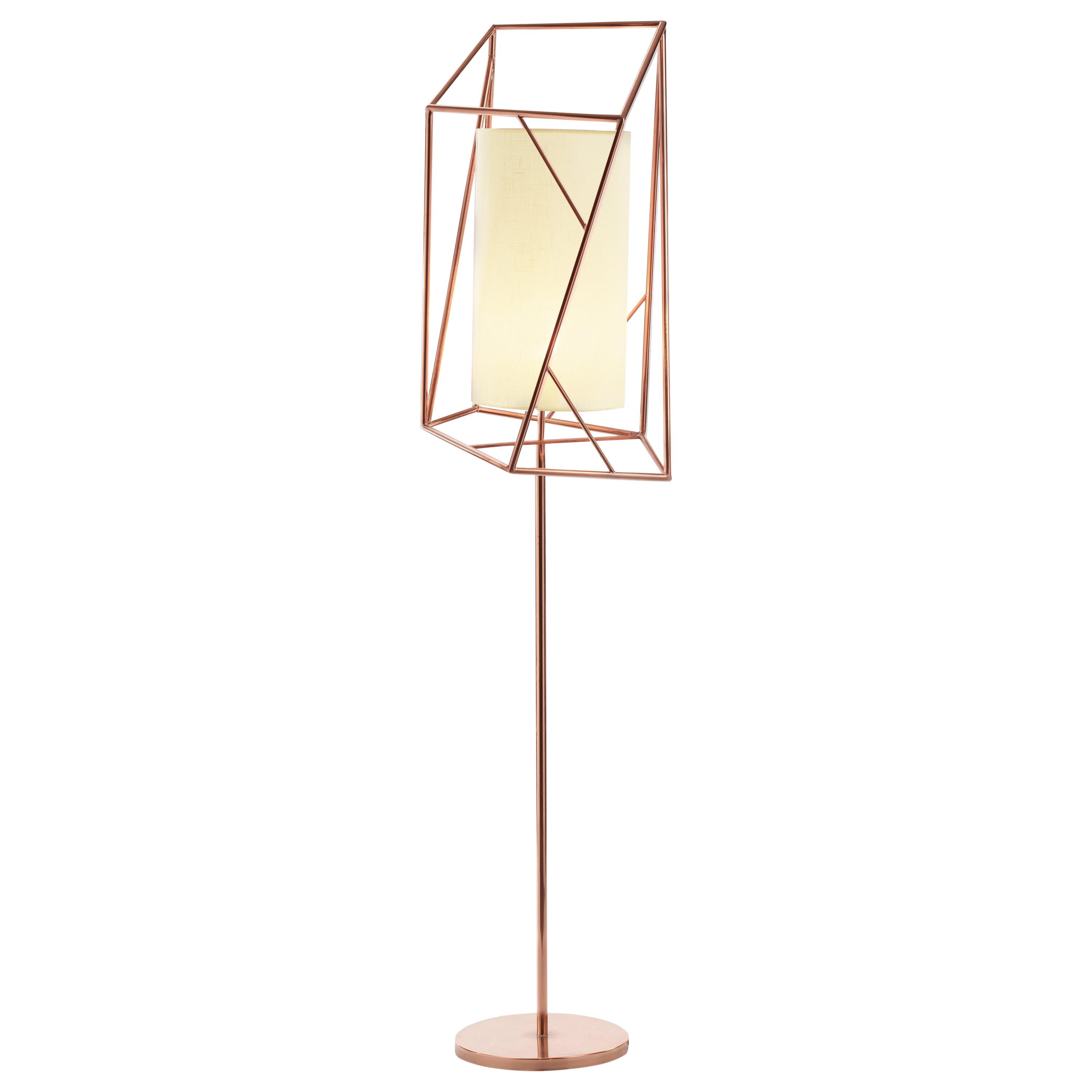 Art Deco Inspired Star Floor Lamp Polished Copper and Linen Shade For Sale