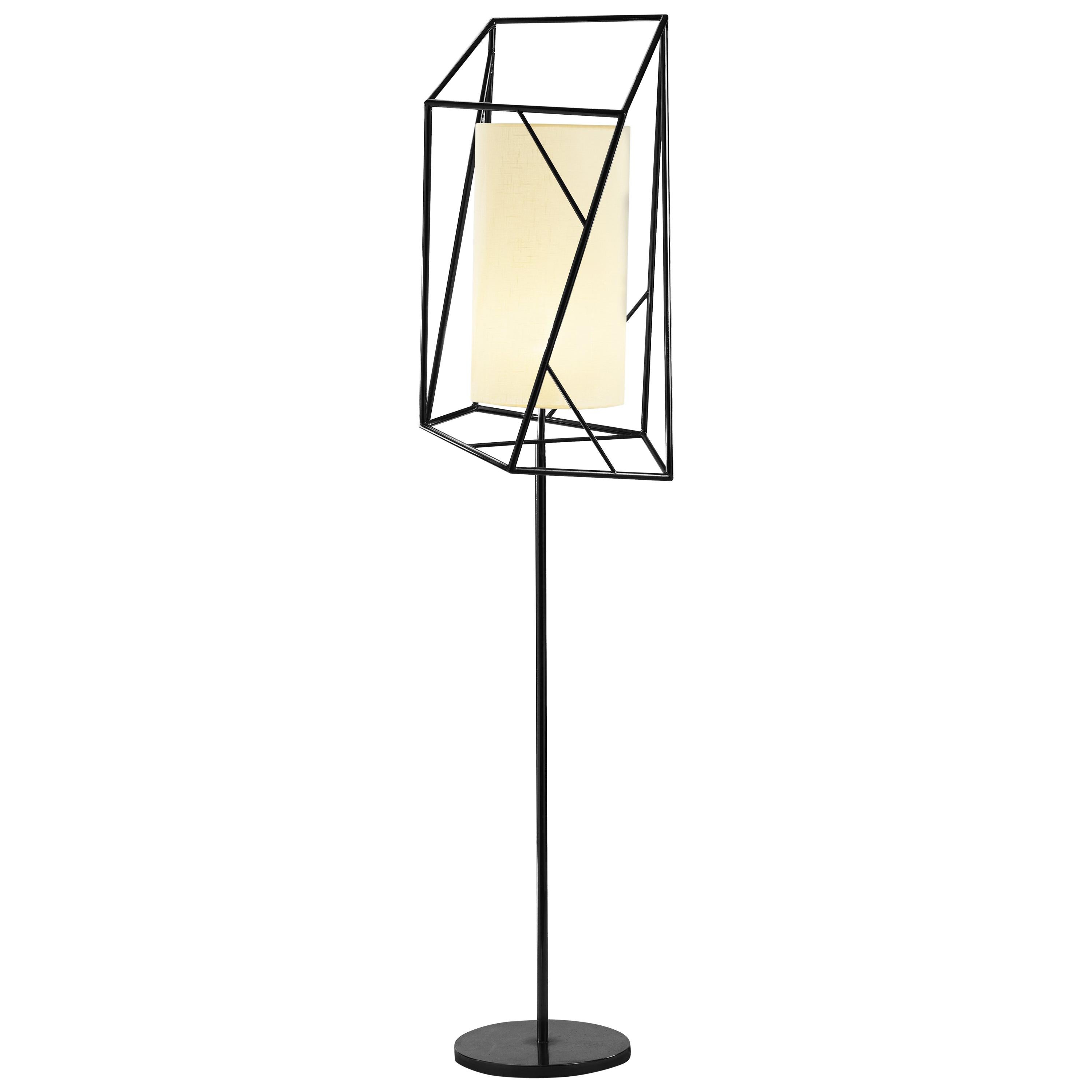 Art Deco Inspired Star Floor Lamp Powder Coated Black and Linen Shade For Sale