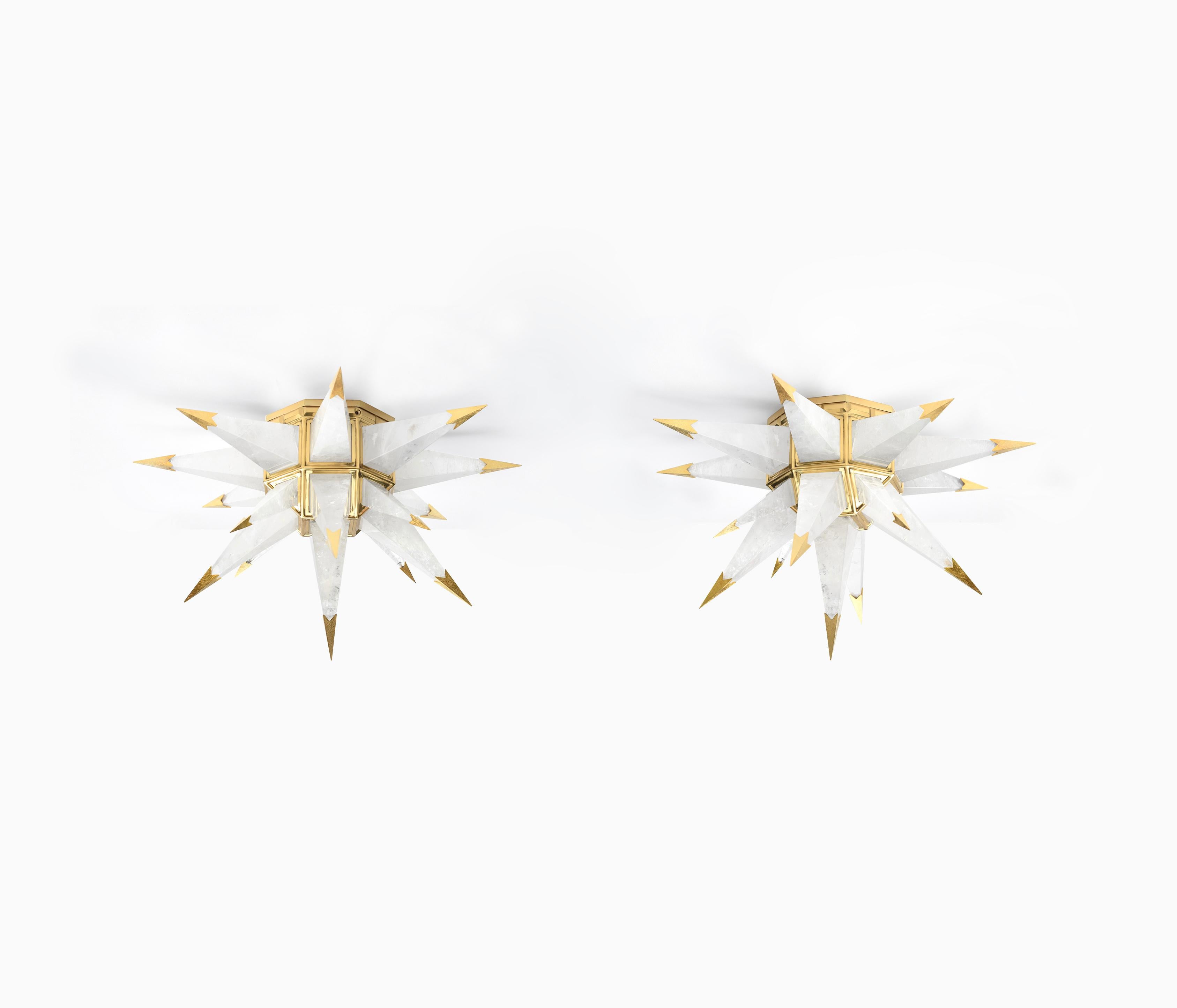 Pair of star form rock crystal flush mounts with polish brass frames and tips. Created by Phoenix Gallery, NYC.
Custom size, quantity, and finish upon request.