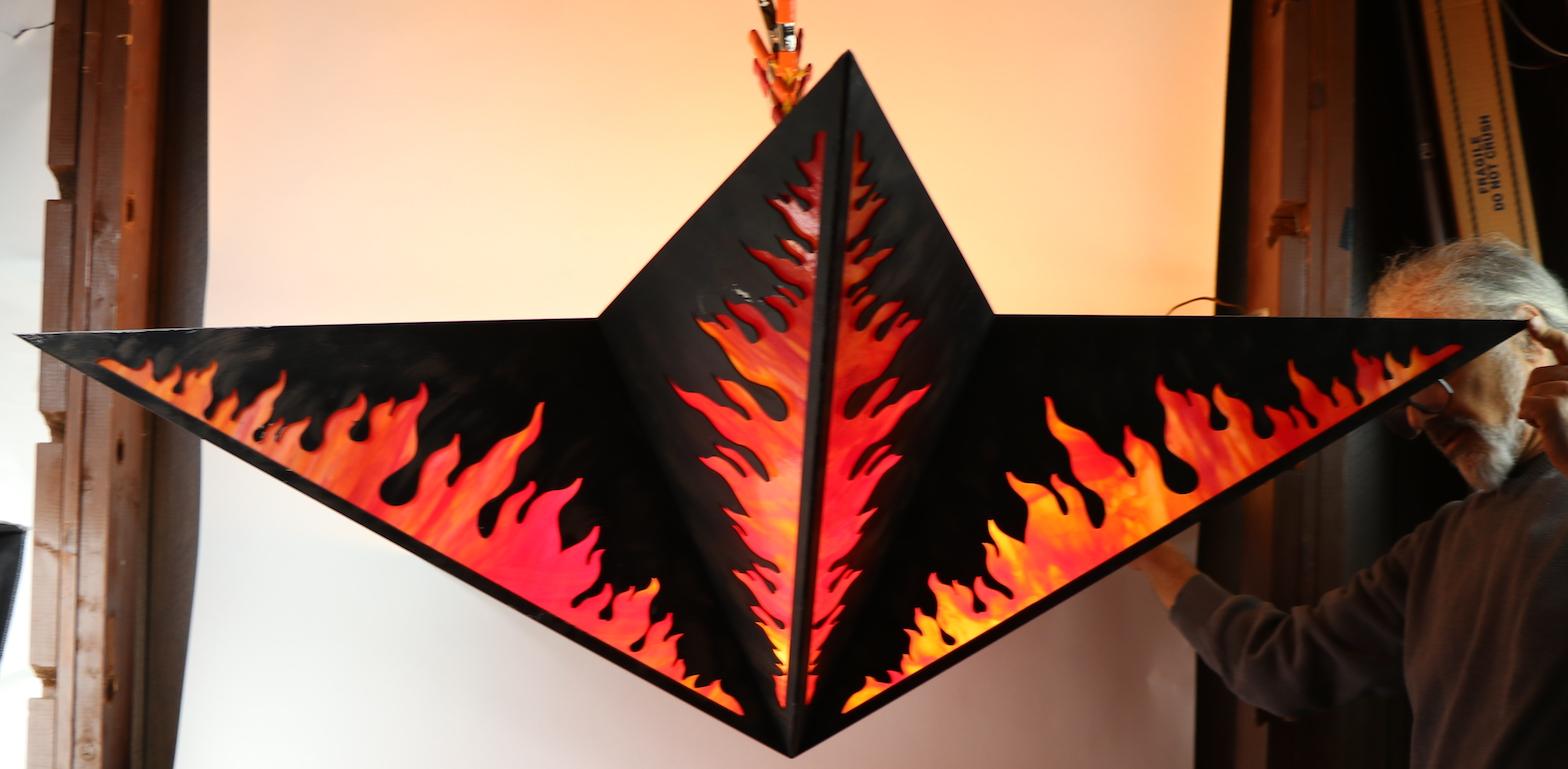 Painted Star Form Flame Motif Slag Glass Chandelier For Sale