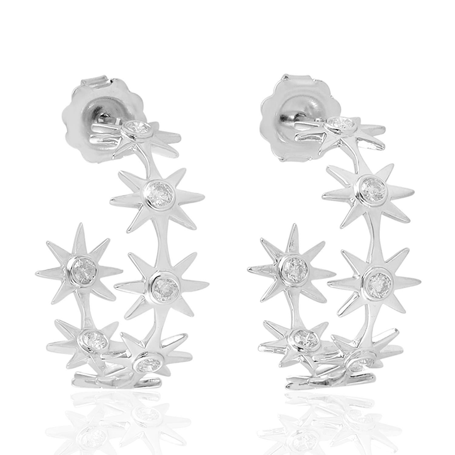 Art Deco Star Hoop Earrings with Diamonds Made in 18k White Gold For Sale