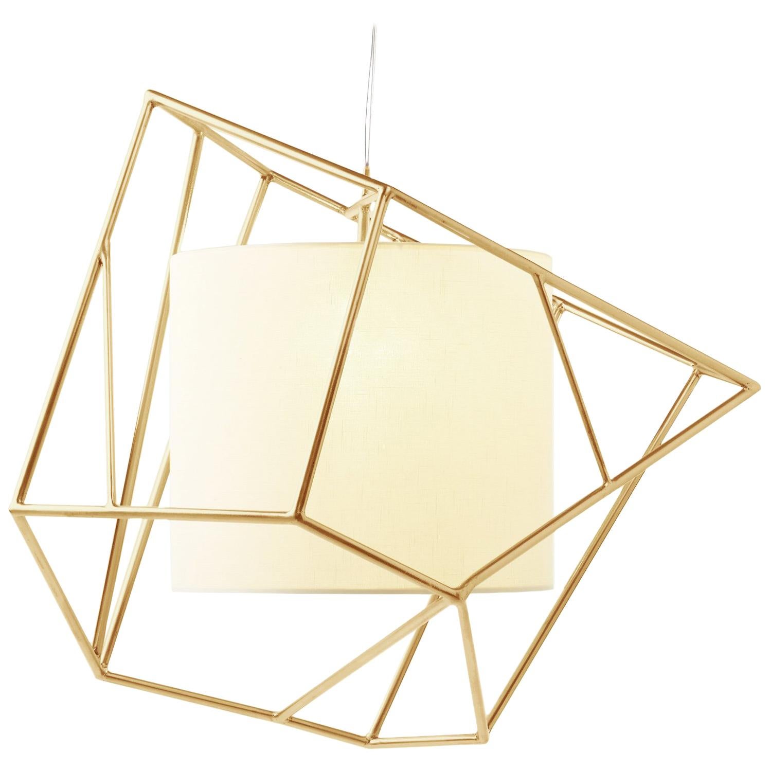 Art Deco Inspired Star I Pendant Lamp Polished Brass with Linen Shade