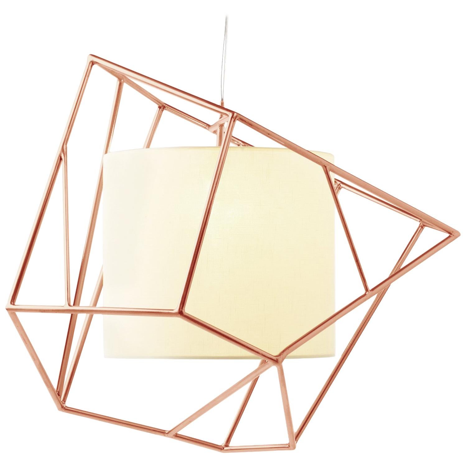 Lampada a sospensione Star I di ispirazione Art Deco in rame lucido con paralume in lino