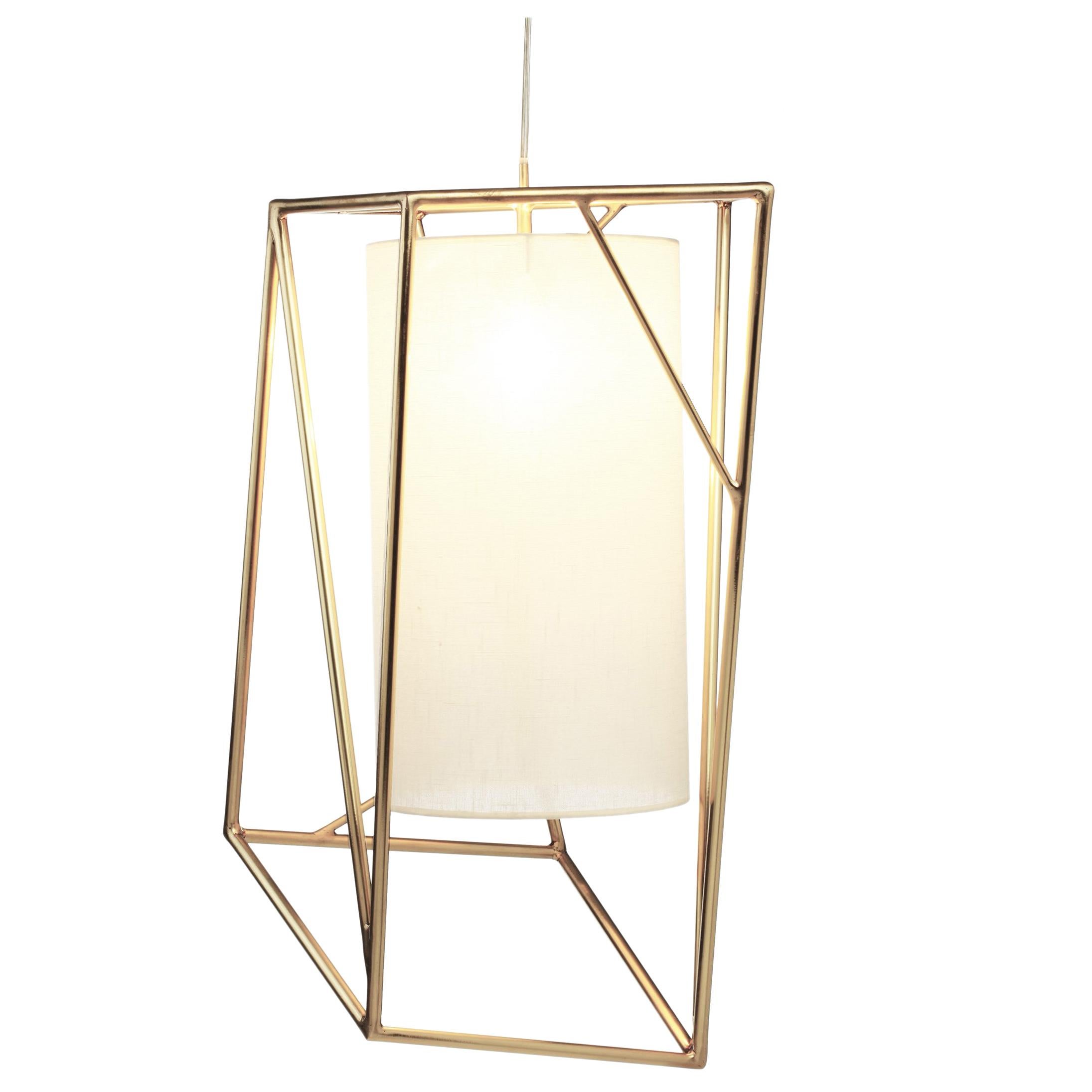 Art Deco Inspired Star II Suspension Lamp Polished Brass Linen Shade
