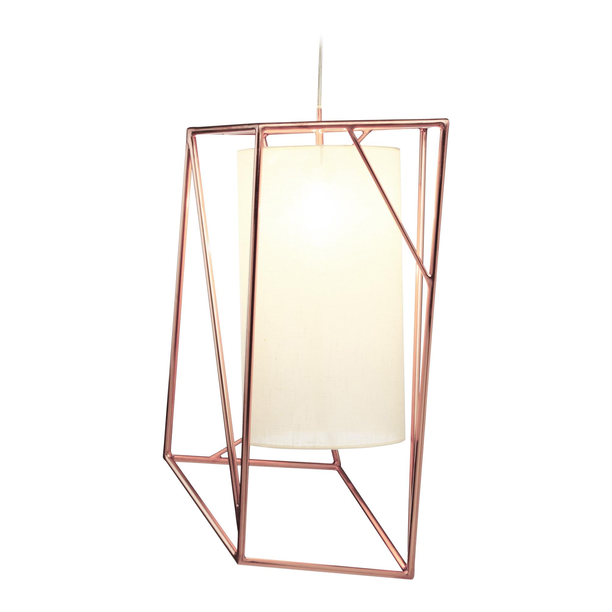 Art Deco Inspired Star II Pendant Lamp Polished Copper Linen Shade For Sale