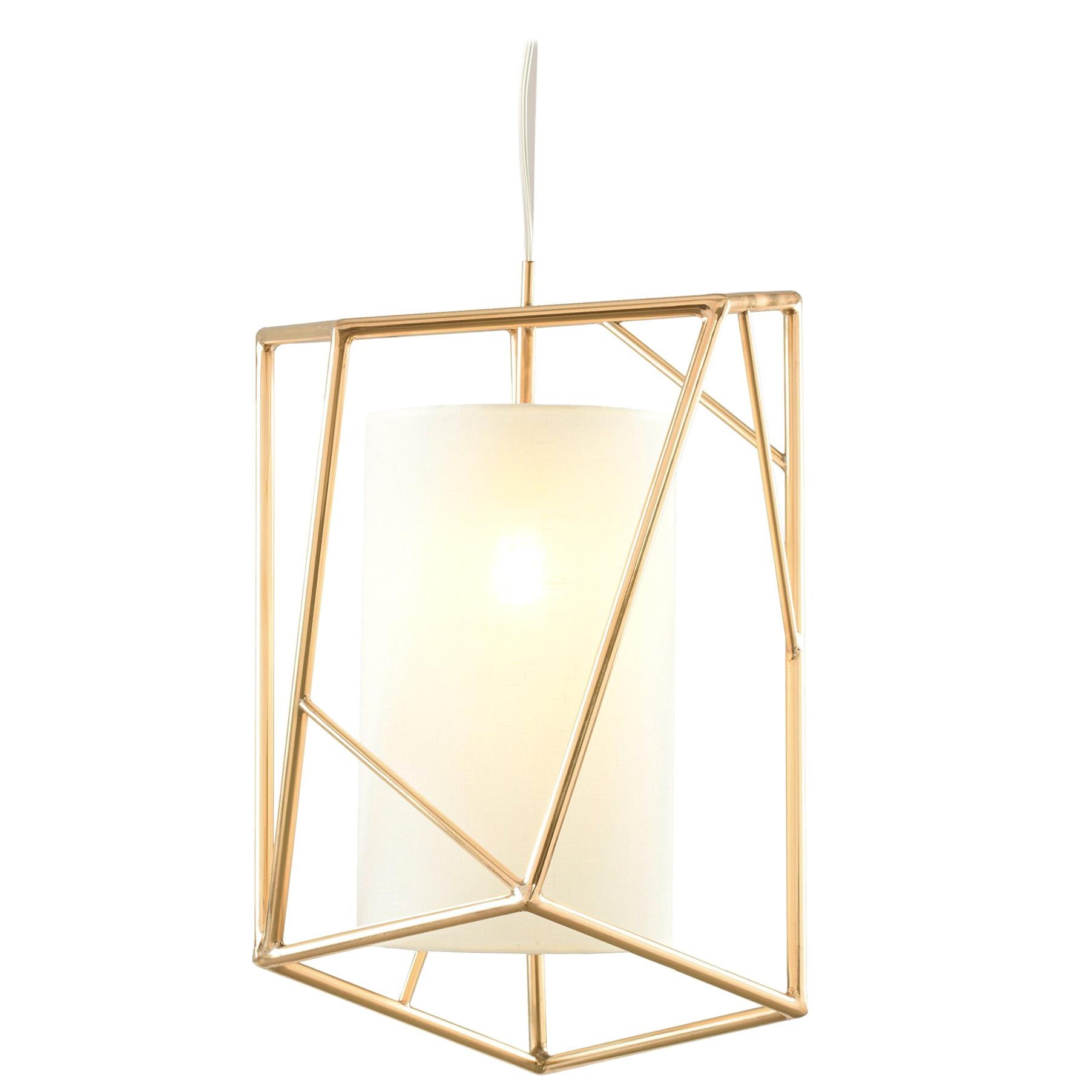 Art Deco Inspired Star III Pendant Lamp Polished Brass and Linen Shade