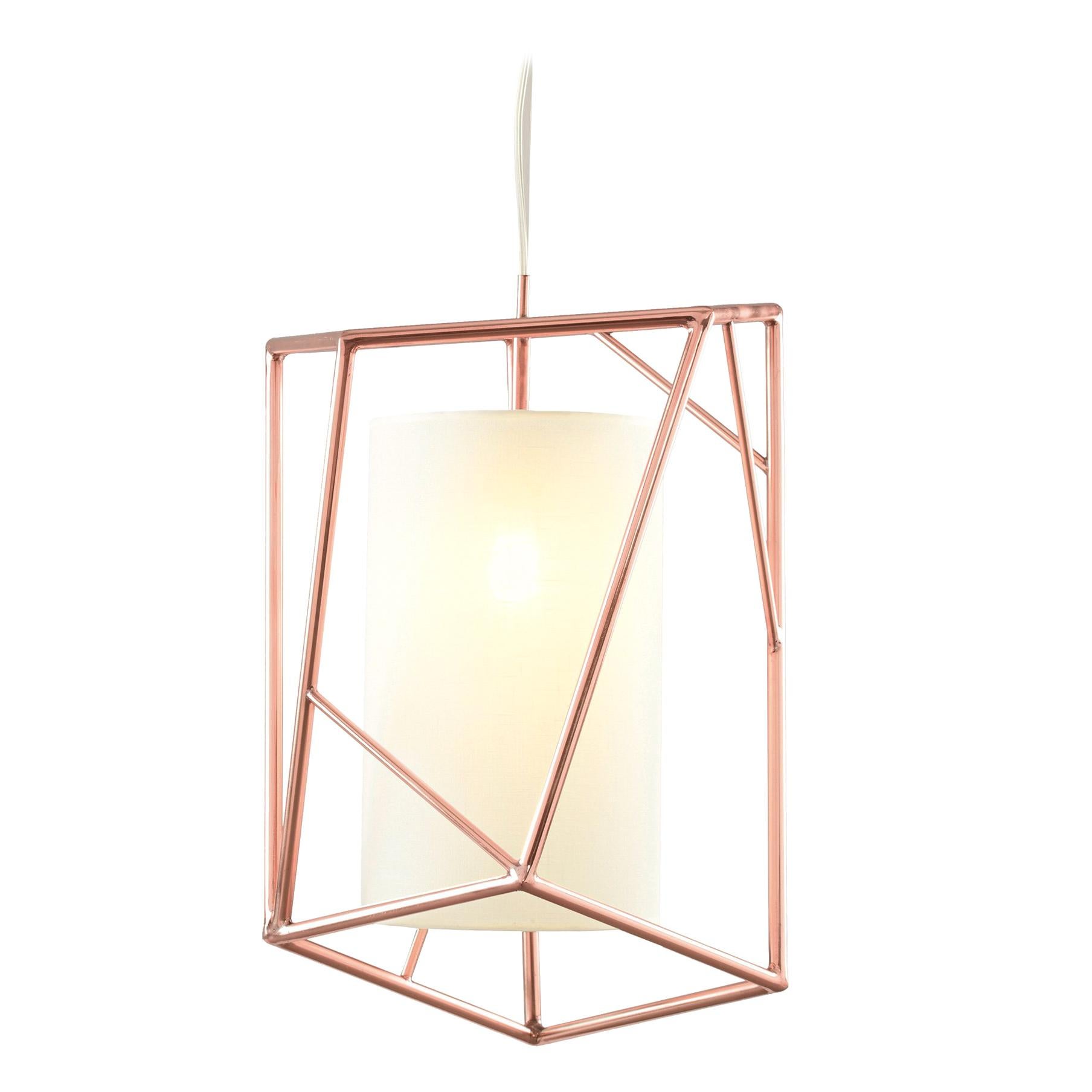 Art Deco Inspired Star III Pendant Lamp Polished Copper and Linen Shade For Sale