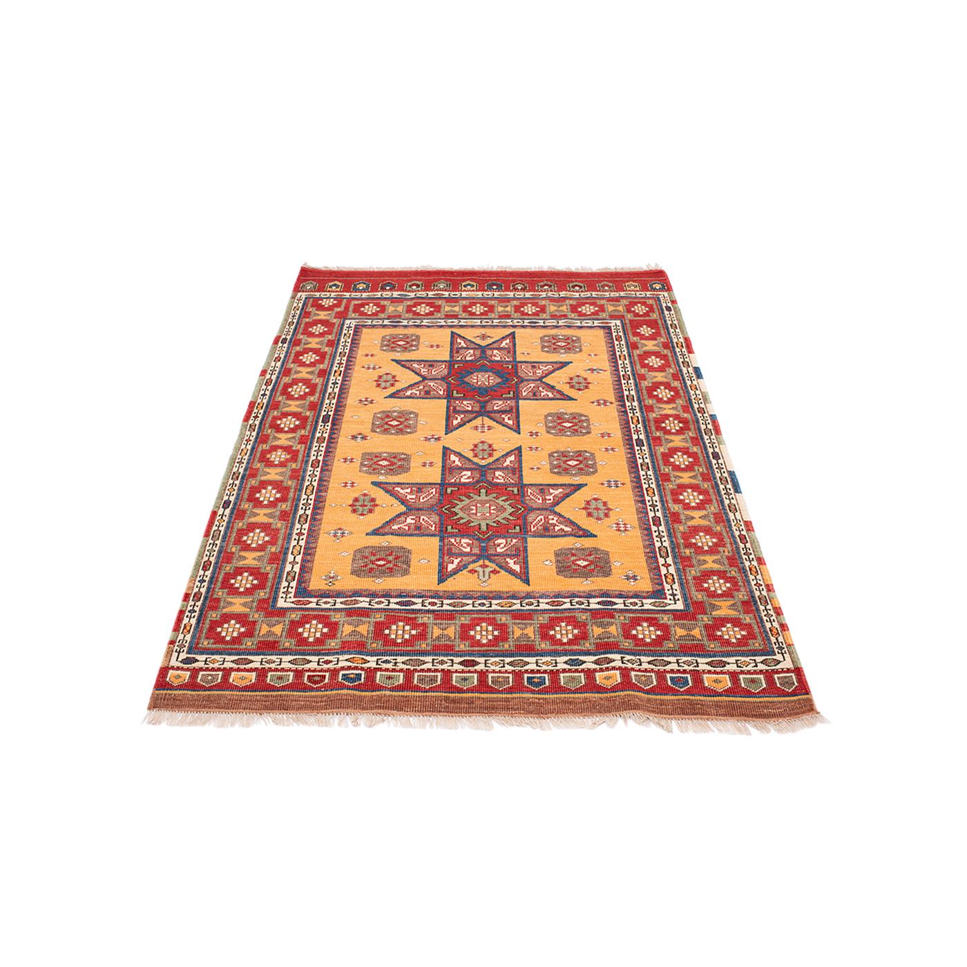 COLOUR: Original
MATERIAL: 100% Wool
QUALITY: 23 x 39 Persian knot / inch
ORIGIN: Persian knotted rug produced in Afghanistan 
 
RUG SIZE DISPLAYED: 128cm x 191cm
 
Inspired by an original rug seen on a trip to Istanbul, Star Kazak is a modernised