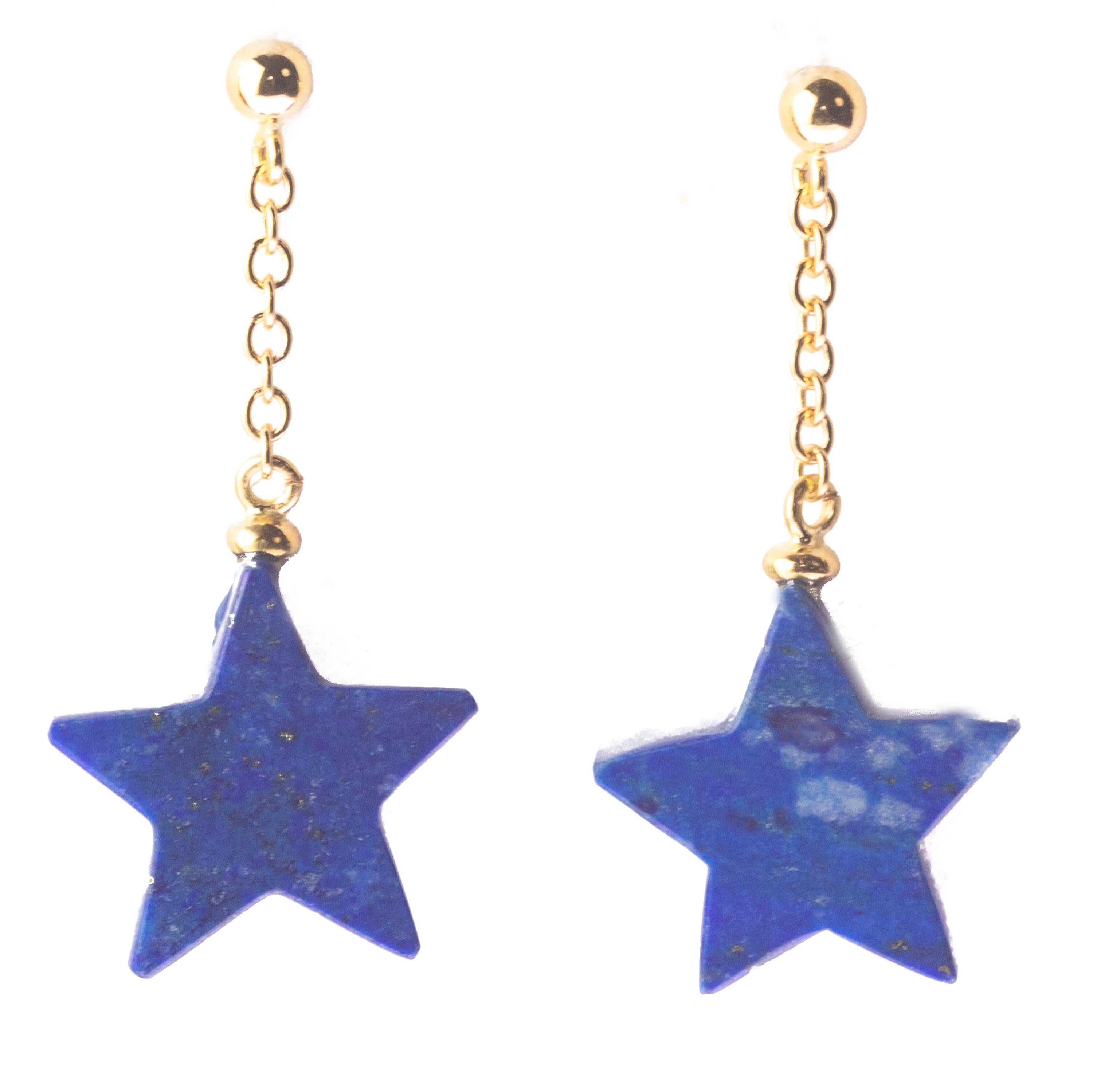 Star Lapis Lazuli Carved 18 Karat Gold Chain Cocktail Drop Dangle Earrings In New Condition For Sale In Milano, IT