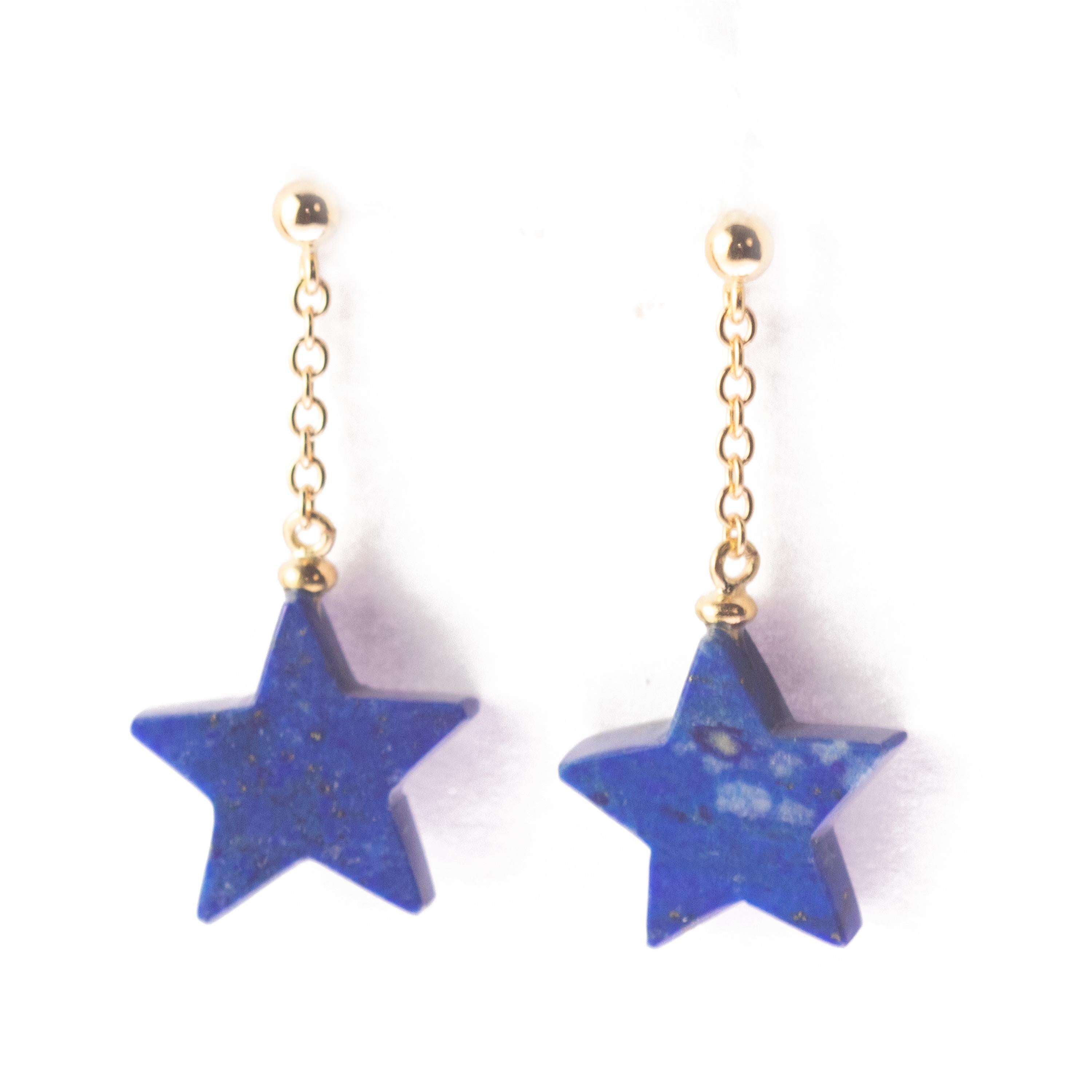 Star Lapis Lazuli Carved 18 Karat Gold Chain Cocktail Drop Dangle Earrings For Sale 1