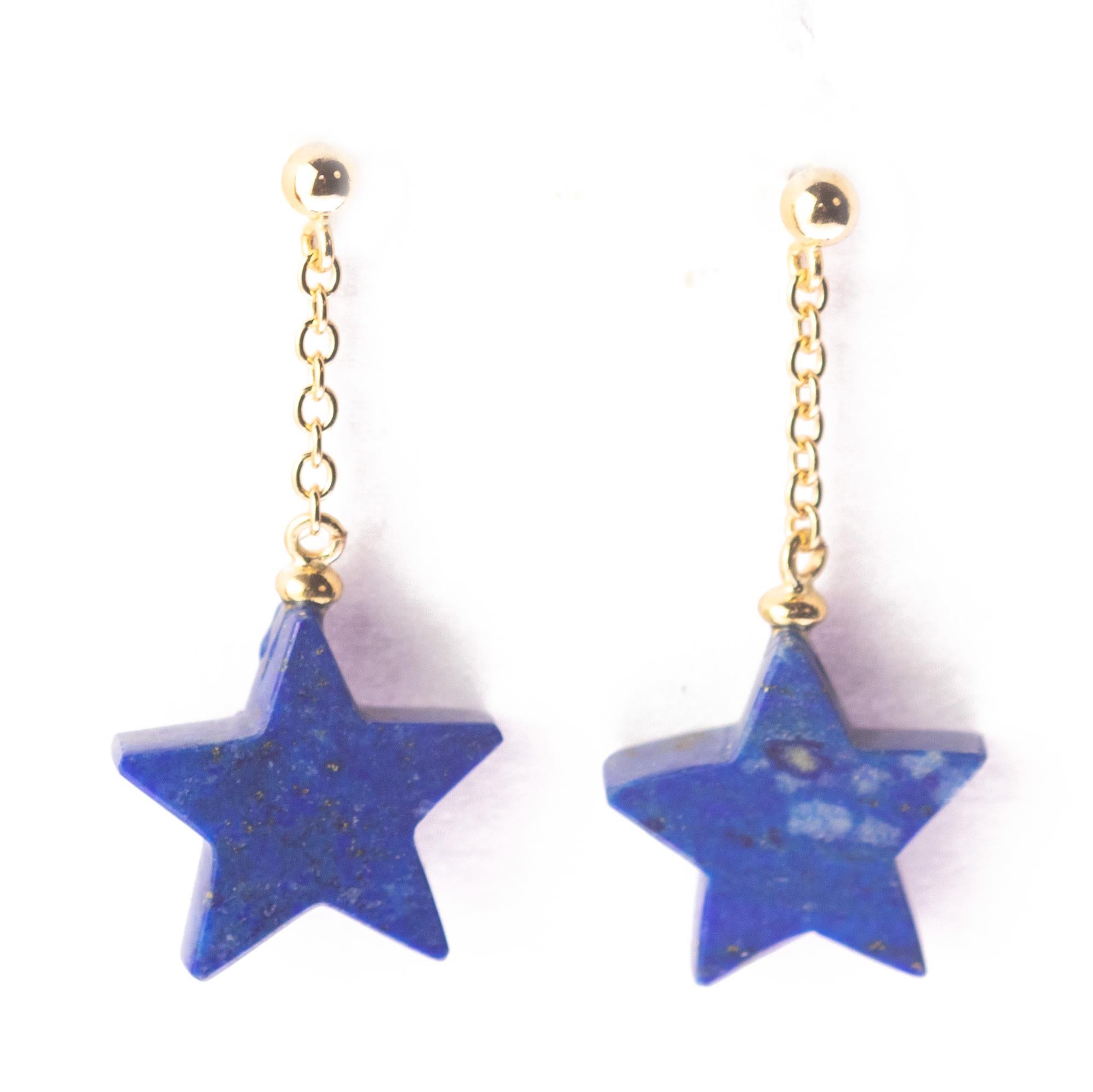Star Lapis Lazuli Carved 18 Karat Gold Chain Cocktail Drop Dangle Earrings For Sale 2