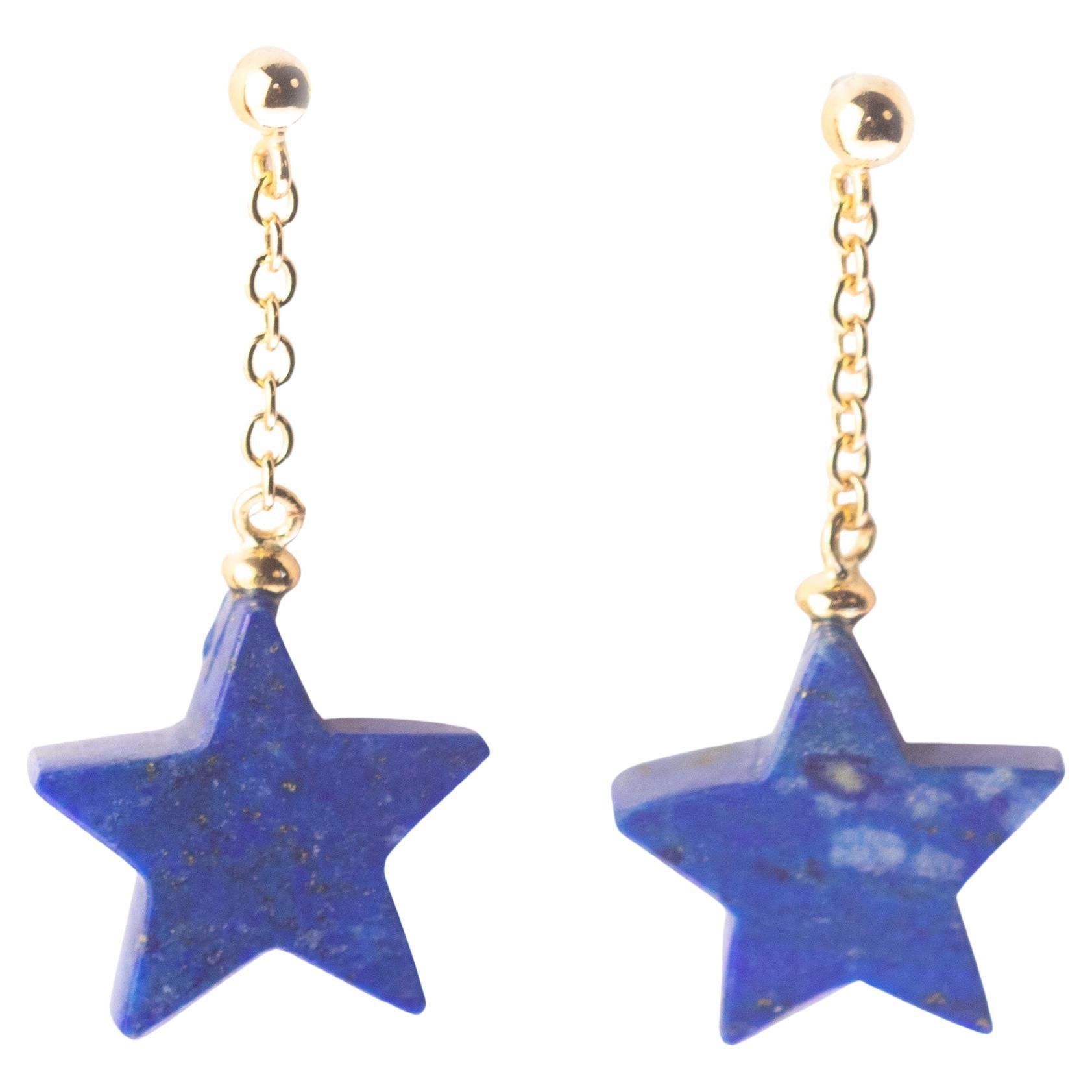 Star Lapis Lazuli Carved 18 Karat Gold Chain Cocktail Drop Dangle Earrings For Sale