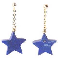 Star Lapis Lazuli Carved 18 Karat Gold Chain Cocktail Drop Dangle Earrings