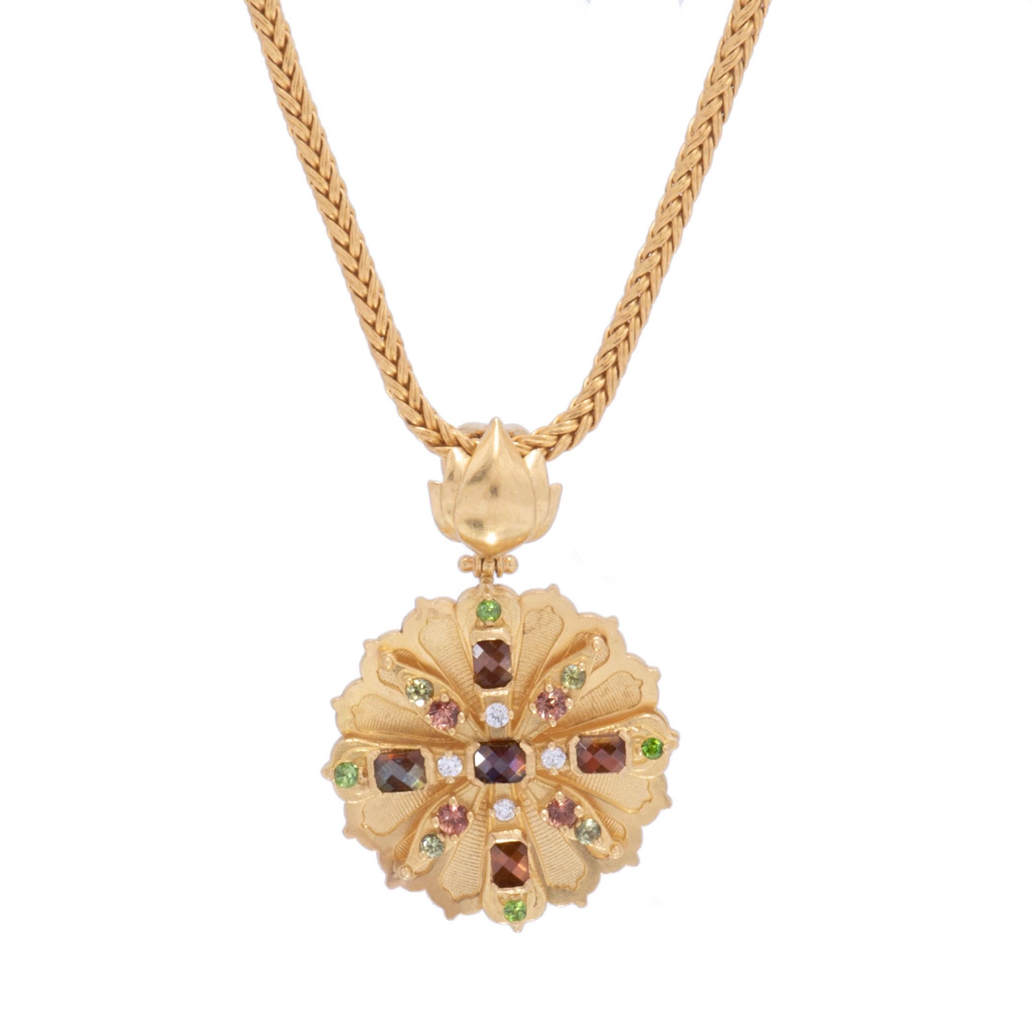 Contemporary Star Lotus Andradite Garnet Pendant in 22 Karat Gold with Diamonds and Sapphires For Sale