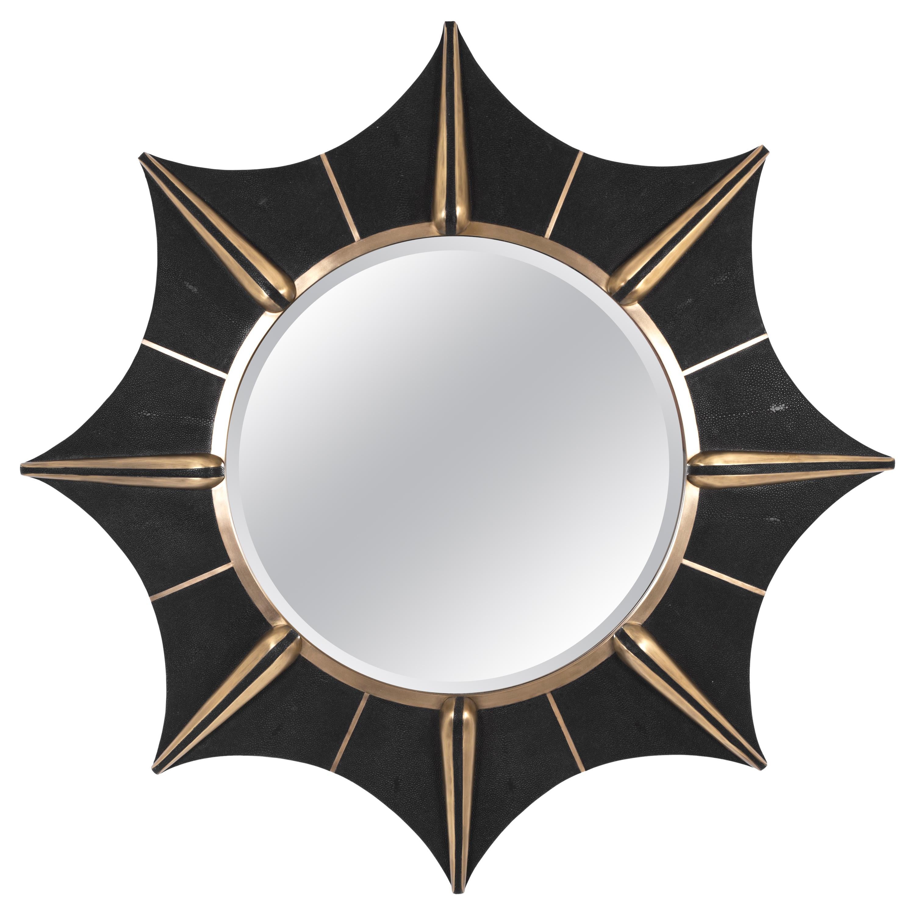 Hand-Crafted Star Mirror in Cream Shagreen and Bronze-Patina Brass by R & Y Augousti For Sale