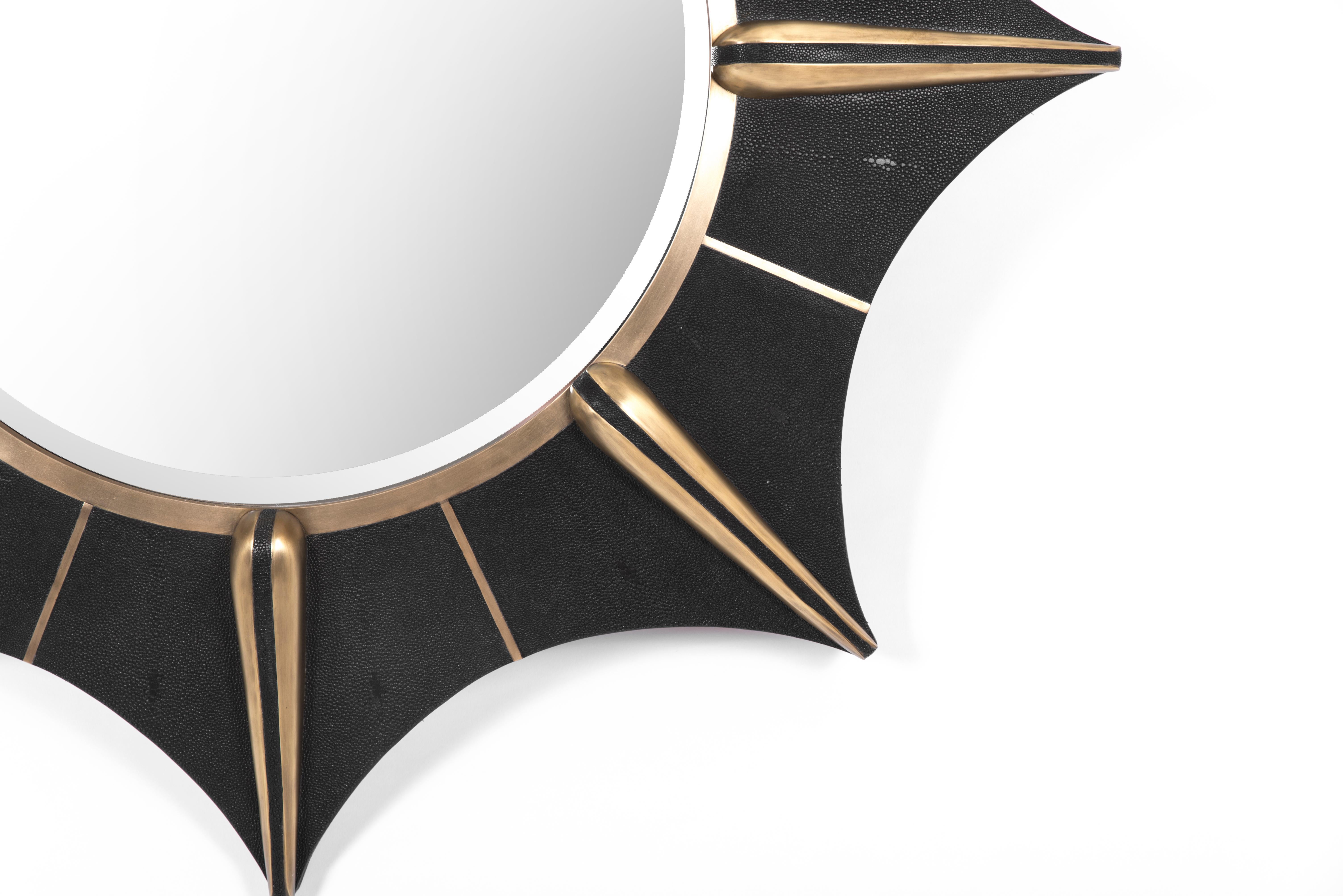 Contemporary Star Mirror in Cream Shagreen and Bronze-Patina Brass by R & Y Augousti For Sale