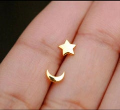 Star Moon 14k Gold Pushback Earrings Moon And Star Stud Zodiac Jewelry Celestial