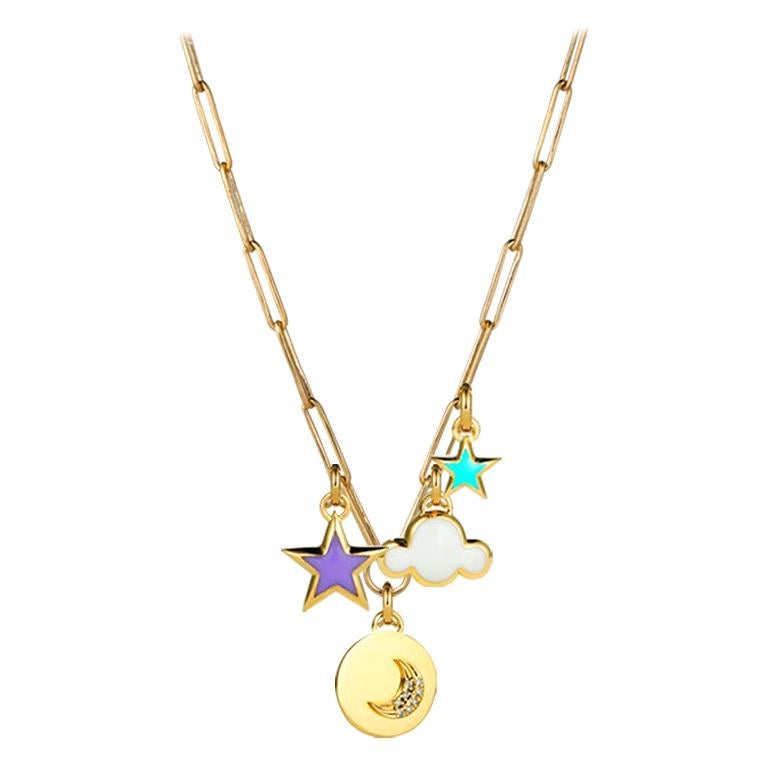 Star Coin, Star, Cloud and Moon Pendant Necklace, 14K Yellow Gold with ...